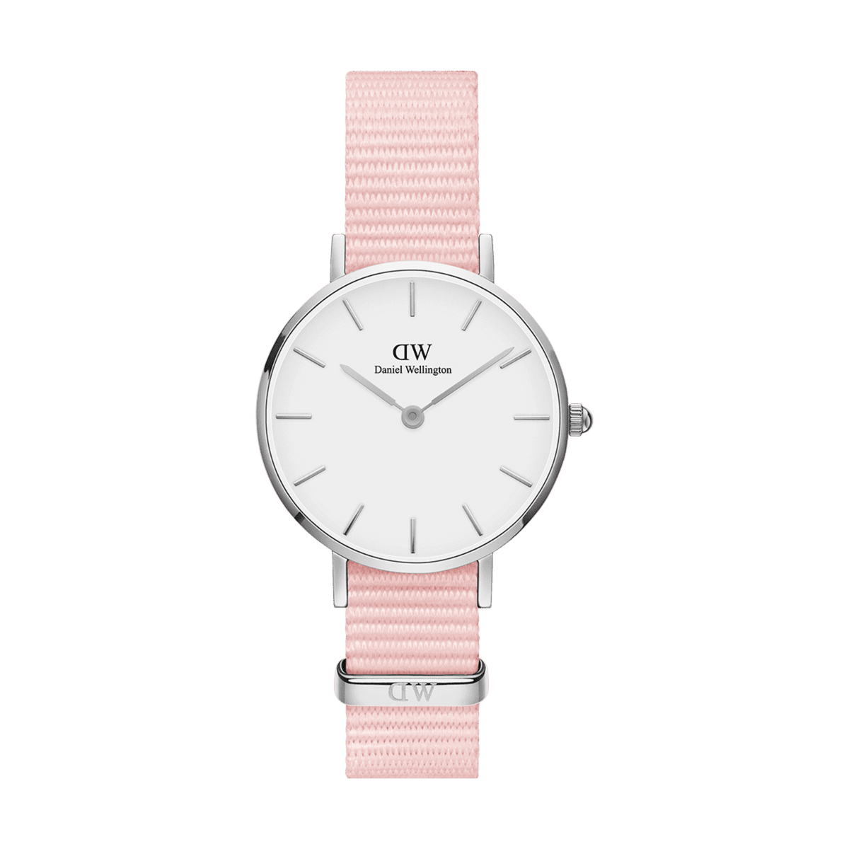 Daniel Wellington Petite Rosewaterの白背景での全体写真です。淡いピンクのNATOストラップにシルバーのキーパーとバックルが調和し、ホワイト文字盤のすっきりとしたデザインが清潔感のある印象を演出します。