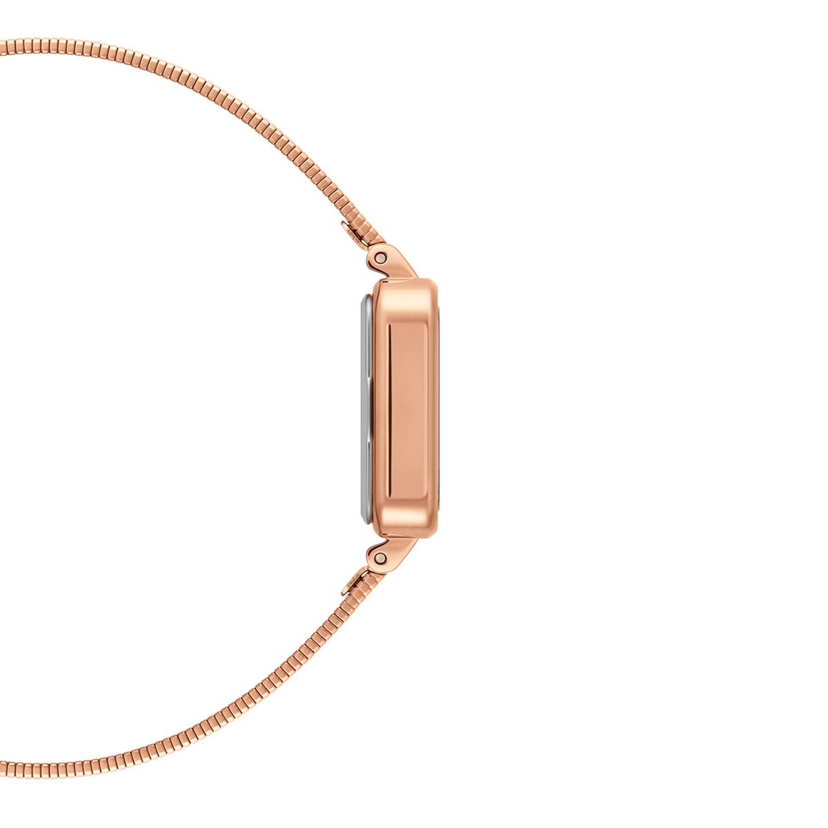 Quadro Studio Rose Goldのサイドビューです。薄型のローズゴールドスクエアケースのプロフィールと、ケースとピアノストラップを繋ぐラグ部分の仕上げがご覧いただけます。