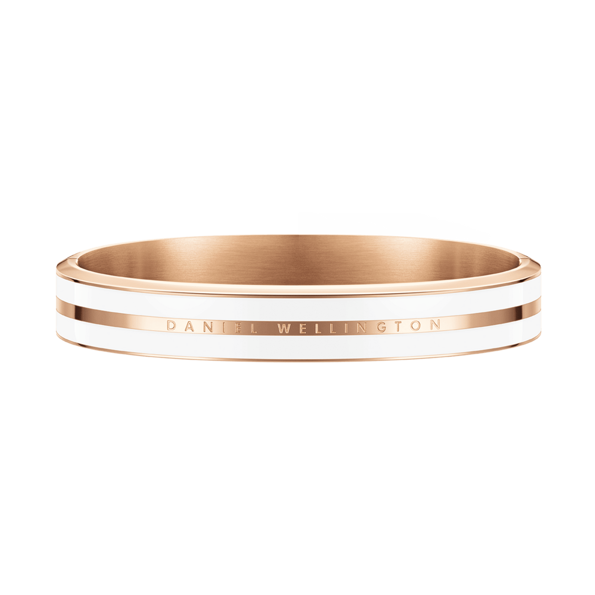 Emalie Infinite Rose Gold Satin Whiteのバングルを斜め上から撮影した画像です。閉じた状態で継ぎ目がなく、滑らかなシルエットが美しく際立ち、ホワイトエナメルとローズゴールドのコントラストが上品に映えています。