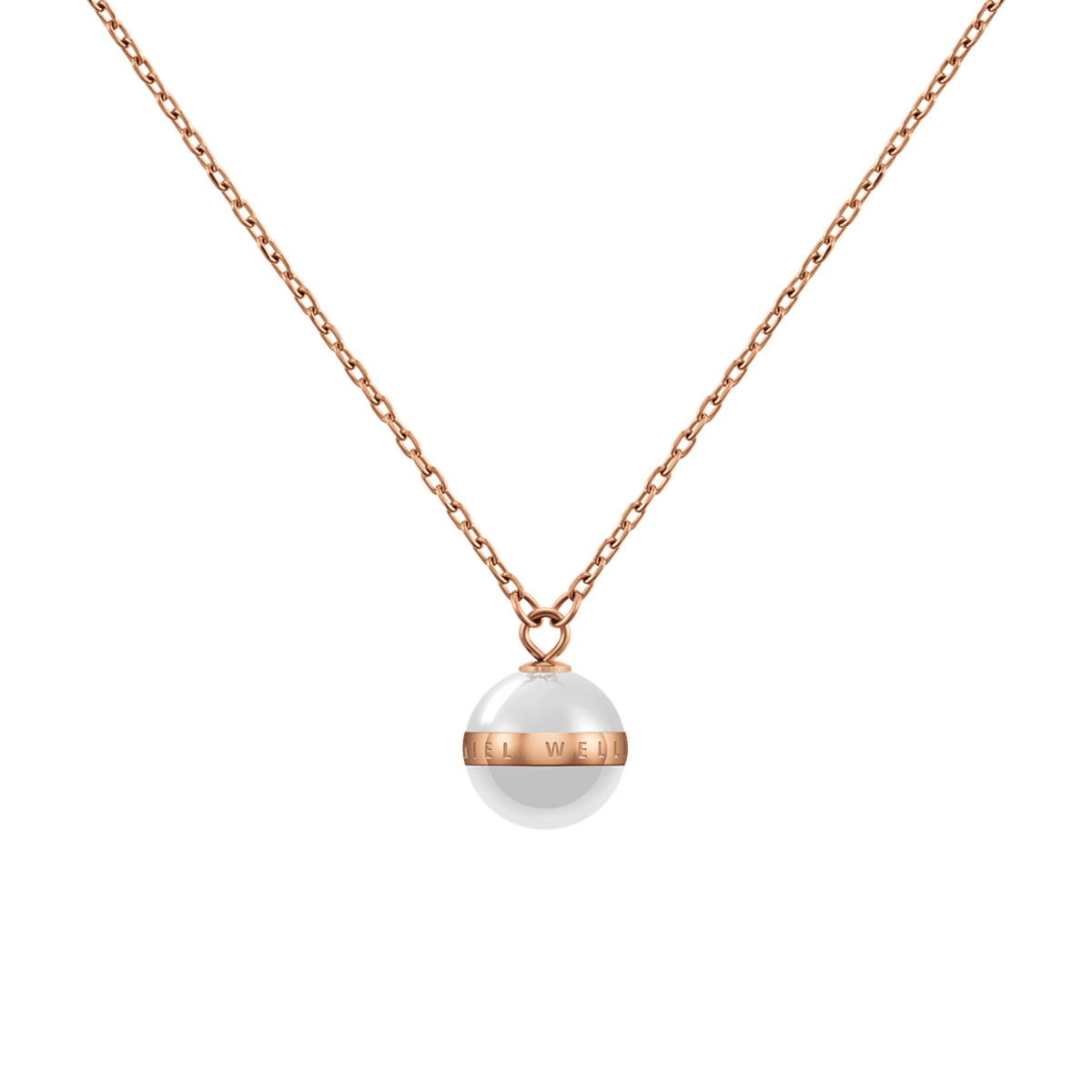 Daniel WellingtonのAspiration Necklaceは、ローズゴールドのチェーンにサテンホワイトセラミックの球体ペンダントがあしらわれたデザインです。ペンダント中央のローズゴールドバンドには、ブランドロゴが刻印されています。