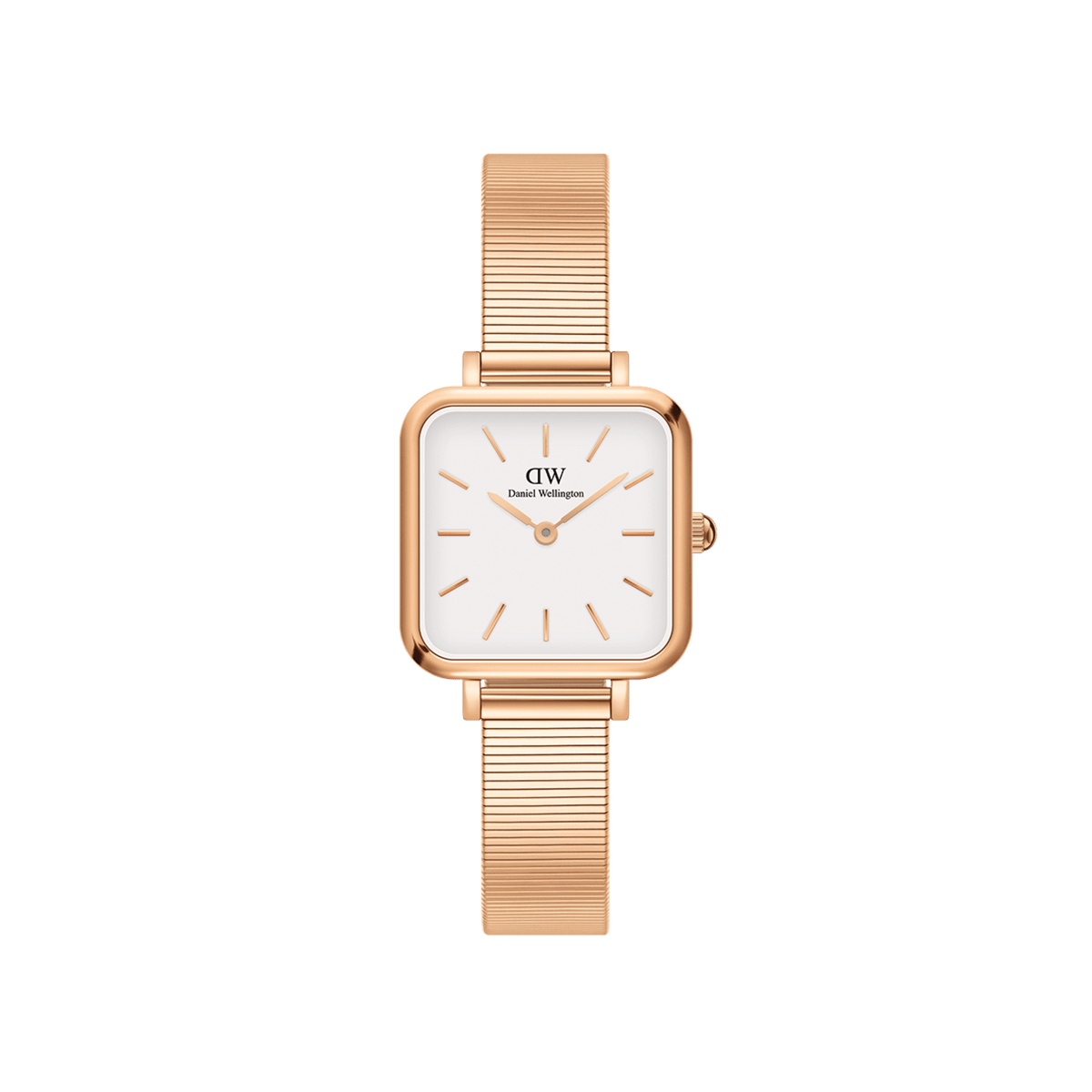 Daniel Wellington Quadro Studioのローズゴールドモデルです。オフホワイトの文字盤にローズゴールドのバーインデックスをあしらったスクエアケースと、細かな横溝が特徴のピアノ調ストラップを組み合わせた、女性向けのコンパクトな腕時計です。