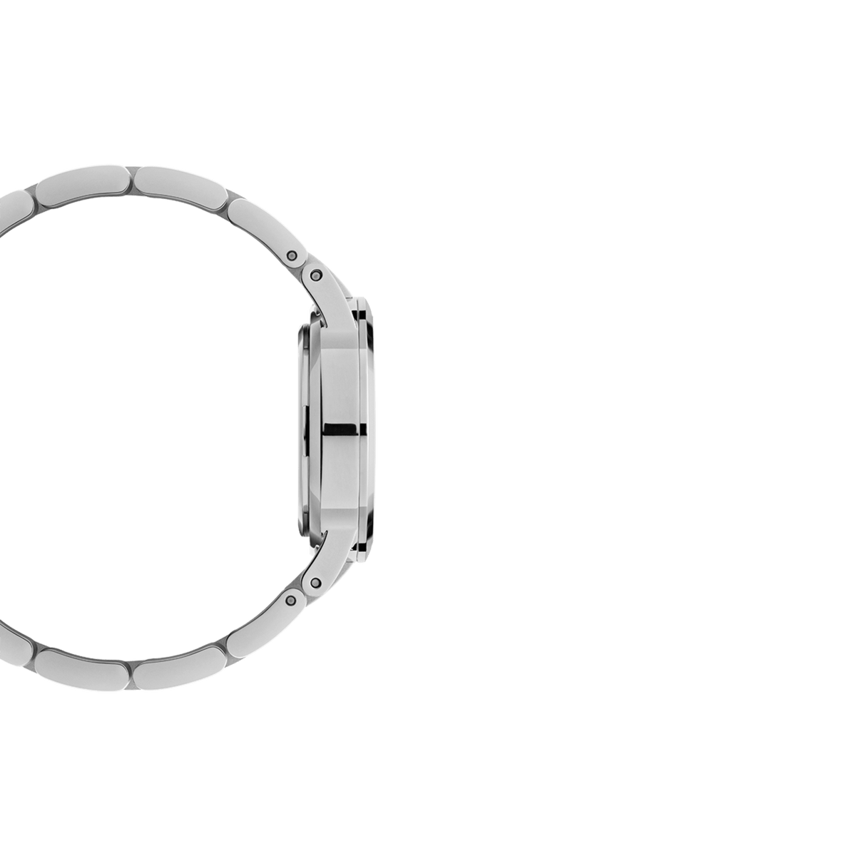 Iconic Link Unitone Silverのサイドビュー。薄型ケースのスリムなプロファイルと、ステンレススチール製リンクブレスレットのピン接続部分が確認できます。手首に沿うなめらかなカーブが伝わる1枚です。