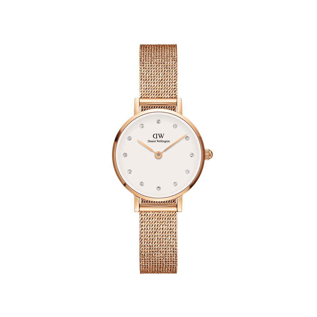 Daniel Wellington Petite Lumine Pressed Melroseの正面画像。ローズゴールドのラウンドケースにオフホワイトの文字盤を採用し、12個のクリスタルインデックスを配しています。ローズゴールドのプレスメッシュストラップを組み合わせた、女性向けの腕時計です。
