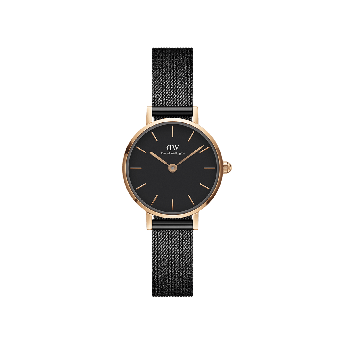 Daniel Wellington Petite Pressed Ashfieldの正面画像です。ローズゴールドのケースにブラックの文字盤、ブラックのプレス加工メッシュストラップを組み合わせた24mmのレディースウォッチです。