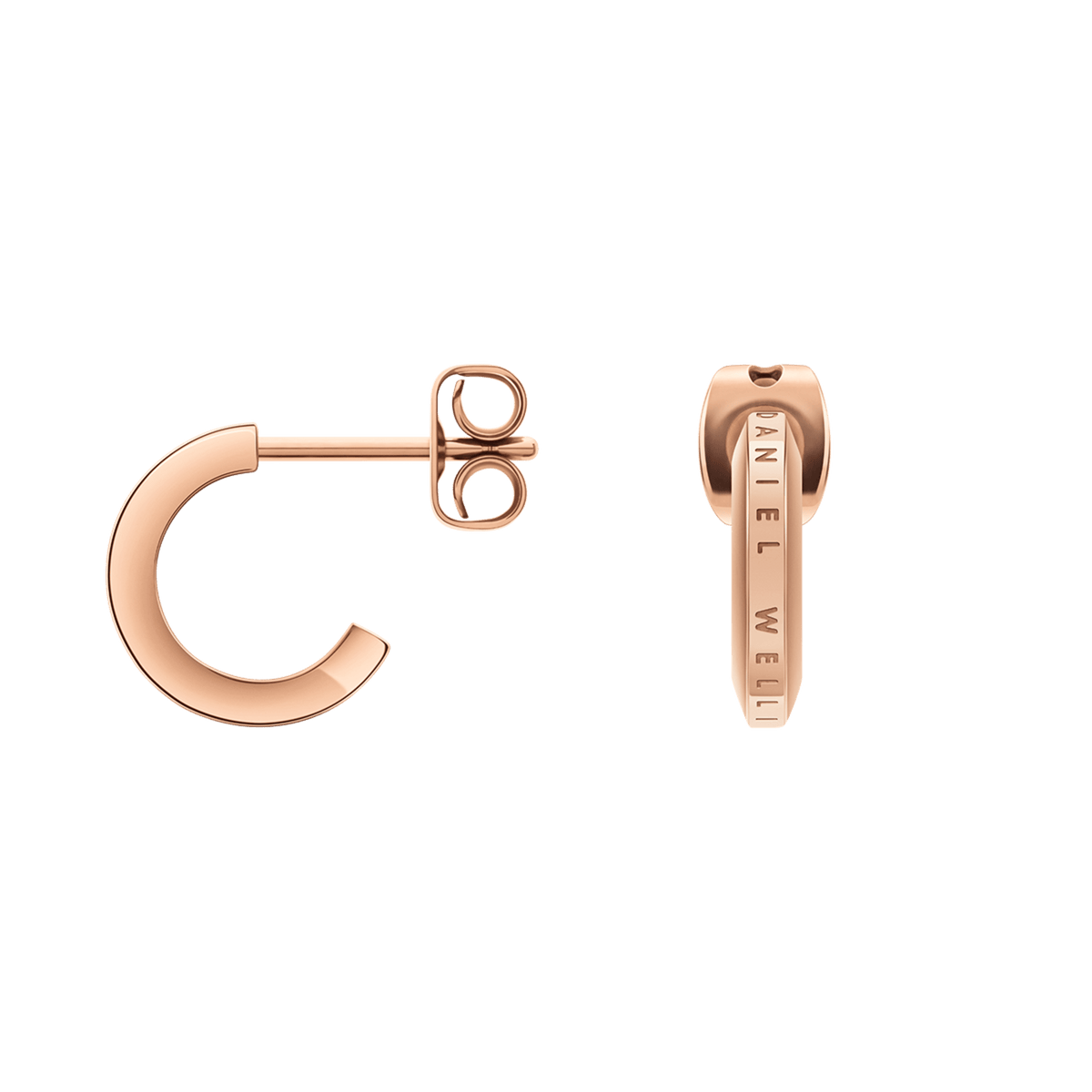 Elan Earringsは、ローズゴールドの美しいディテールを際立たせたデザインです。Cシェイプのフープ形状と、バタフライキャッチの背面、側面に刻印されたDaniel Wellingtonのロゴが特徴です。