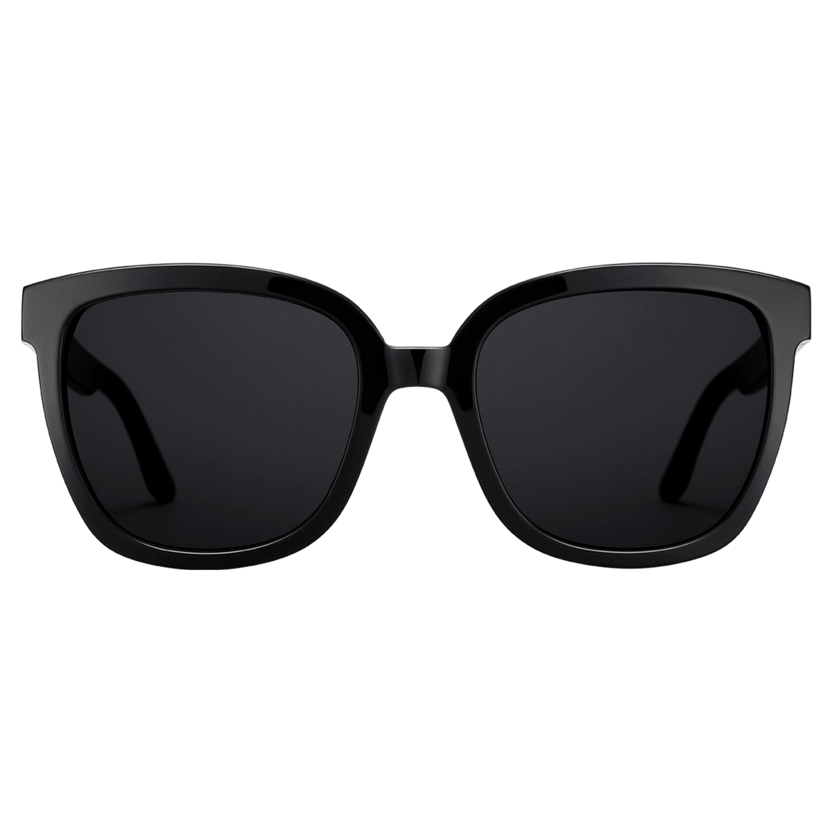 Daniel WellingtonのGrande Bio-Acetate Blackサングラスの正面画像です。オーバーサイズのスクエアシルエットに、ブラックのバイオアセテートフレームとブラックレンズを組み合わせたスタイリッシュなデザインです。