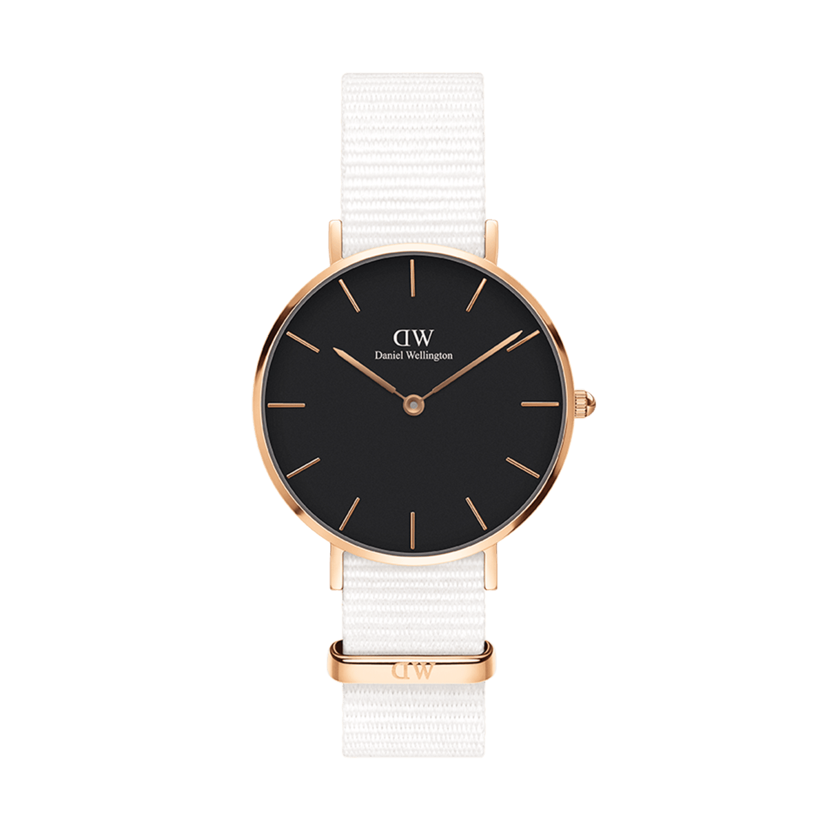 Daniel Wellington Petite Doverの正面画像です。ブラックの文字盤にローズゴールドのバーインデックスと針が映え、ホワイトのNATOストラップとのコントラストが美しい女性向け腕時計です。