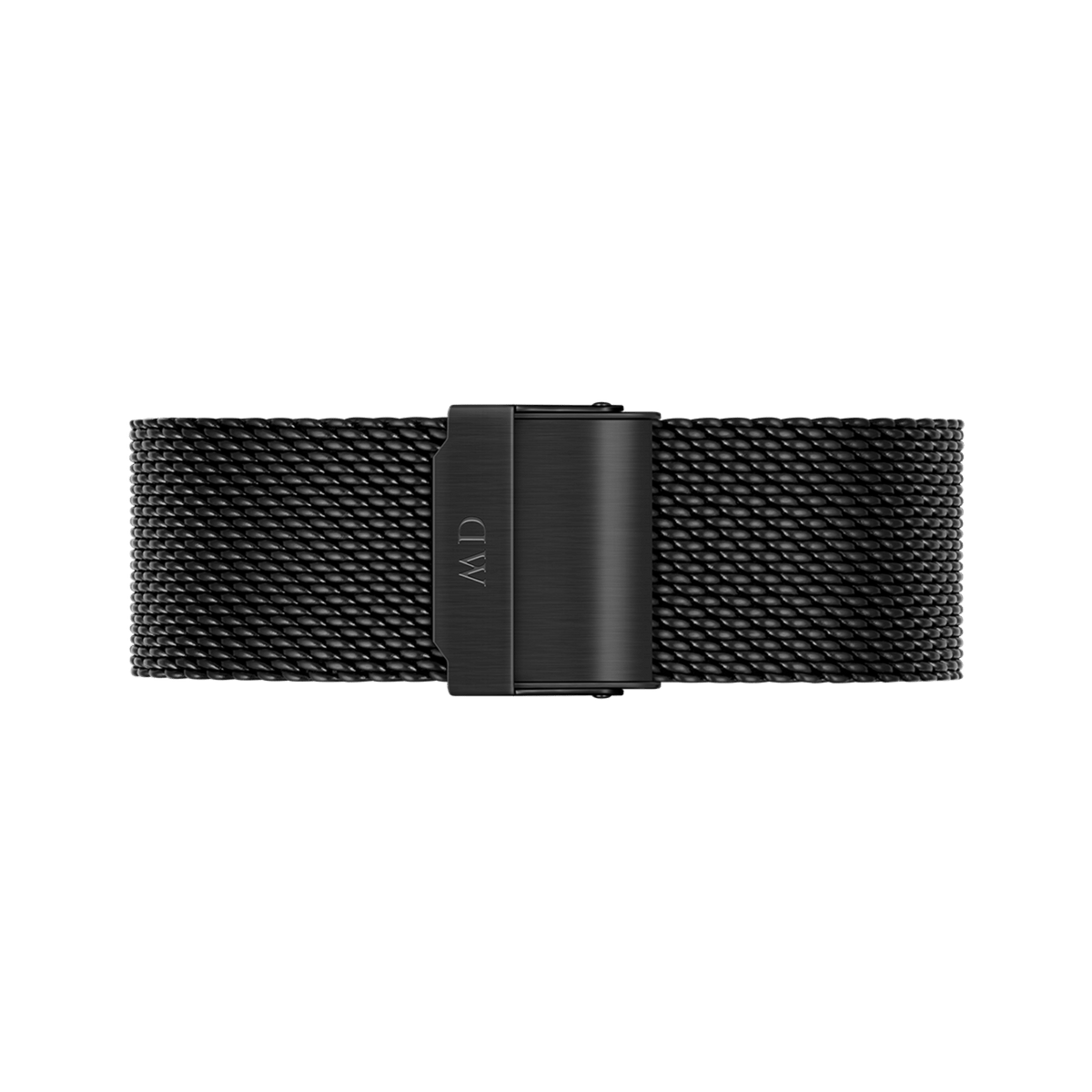Classic Mesh Onyx Blackのブラックメッシュストラップ裏面をクローズアップ。編み込みスチールの質感と、Daniel Wellingtonのロゴが刻印されたブラック仕上げのクラスプ部分がご覧いただけます。