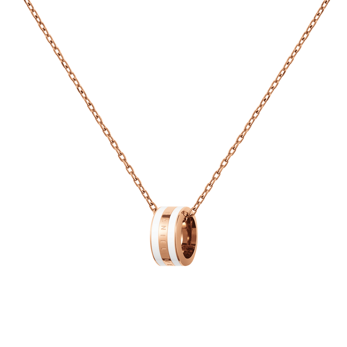 Daniel WellingtonのEmalie Necklace Rose Gold Satin Whiteは、ローズゴールドのリングペンダントにサテンホワイトのエナメルラインをあしらった、細身のチェーンネックレスです。