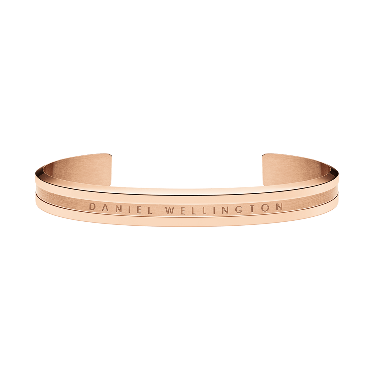 ダニエルウェリントン Elan Bracelet ローズゴールドを正面やや上方から撮影した画像です。オープンカフの開口部が確認でき、ブラッシュ仕上げの中央部分にはブランド名が刻印されています。温かみのあるローズゴールドカラーのステンレススチール製ブレスレットです。