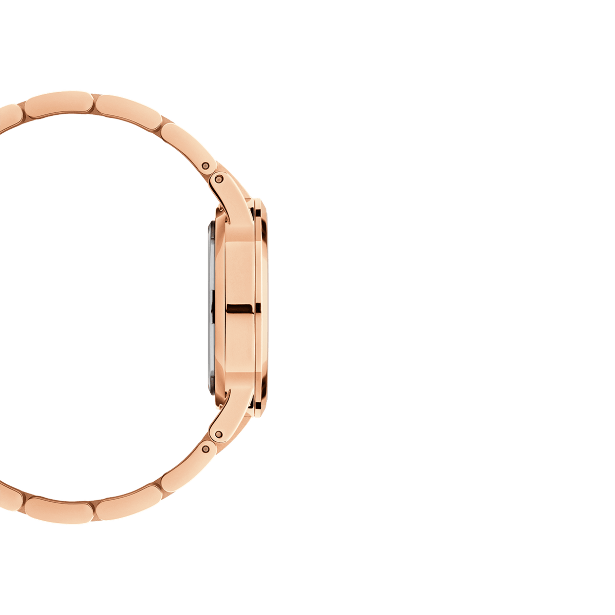 Iconic Link Pink Rose Goldのサイドビューです。薄型のローズゴールドケースの厚みやリューズの位置、そしてリンクブレスレットが滑らかなカーブを描きながら手首にフィットする様子が分かる一枚です。