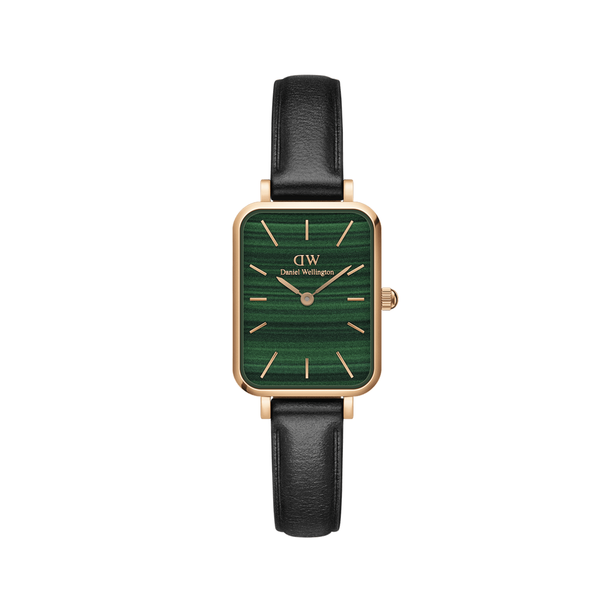 Daniel Wellington Quadro Pressed Sheffield Green Rose Goldの正面画像。マラカイトを思わせる美しい縞模様のグリーン文字盤に、ローズゴールドのスクエアケースとブラックレザーストラップを組み合わせた女性向け腕時計です。