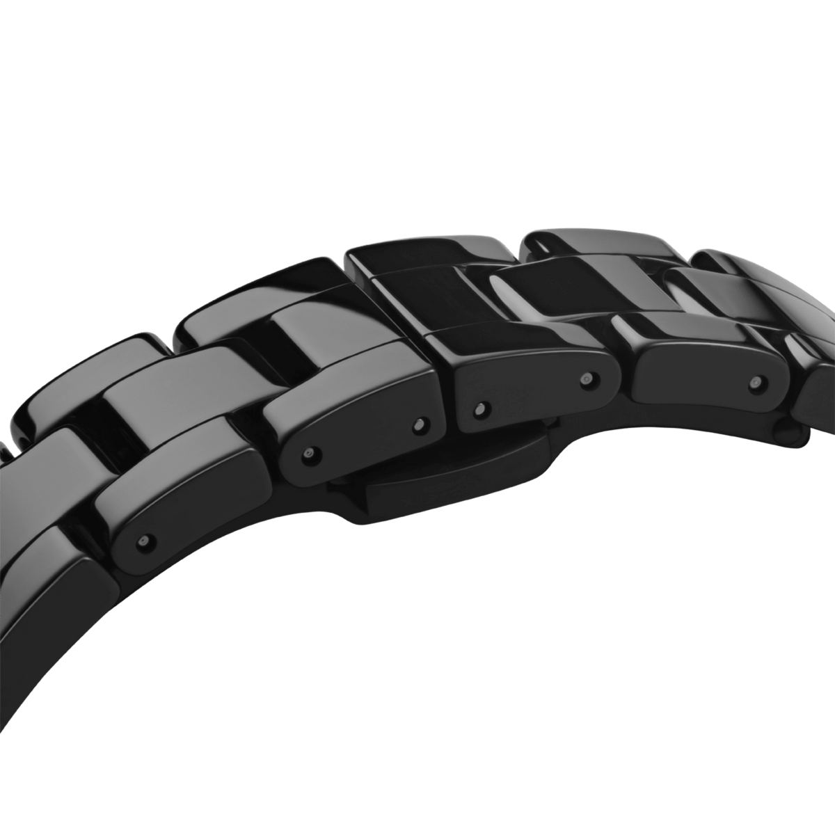 Iconic Link Ceramicのブレスレット裏側をクローズアップ。ブラックセラミックの精巧な連結部分とピン構造が確認でき、素材の強度と滑らかな質感が伝わるディテールです。