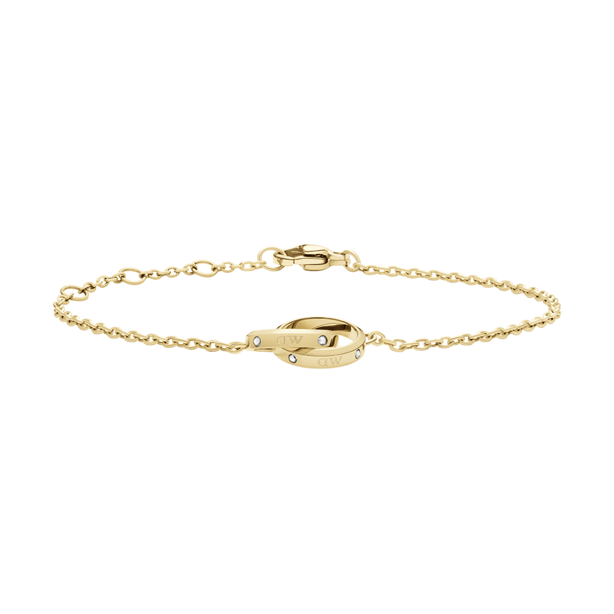 Daniel Wellington Classic Unity Lumine Goldは、クリスタルをあしらったインターロッキングリングが細身のゴールドチェーンの中央で交差し、ロブスタークラスプで留めるデザインのブレスレットです。