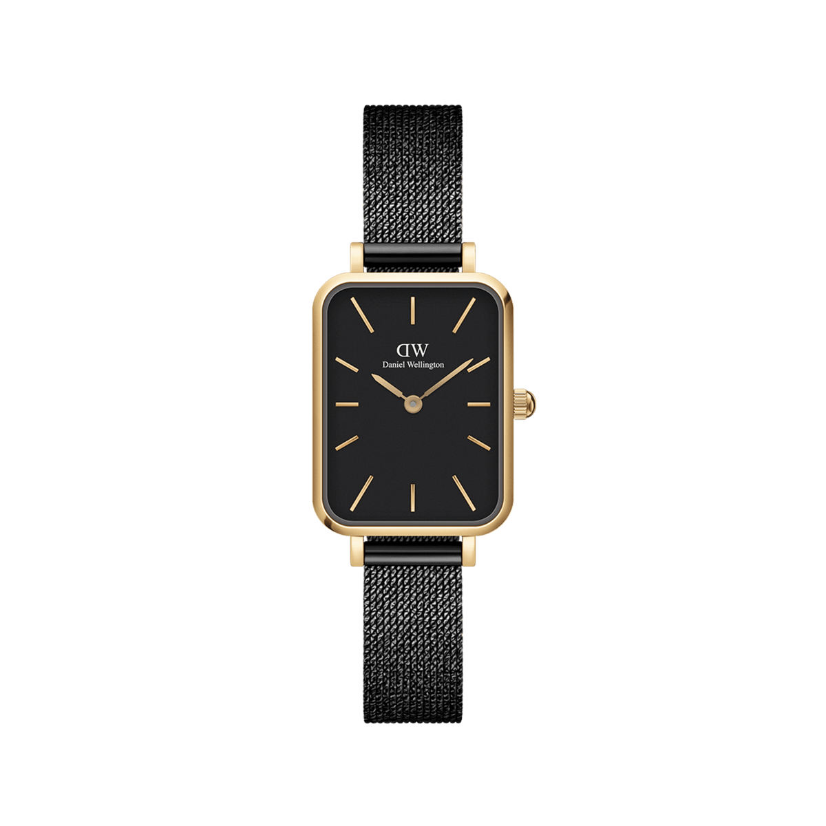 Daniel Wellington Quadro Pressed Ashfieldの正面画像。ゴールドのレクタンギュラーケースにブラックの文字盤を配し、ゴールドのバーインデックスと針をあしらったスクエアフェイスの腕時計です。ブラックのプレス加工メッシュストラップを組み合わせています。