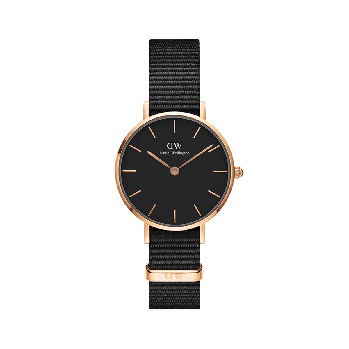 Daniel Wellington Petite Cornwallの正面画像。ブラックの文字盤にローズゴールドのバーインデックスと針が映え、黒のNATOストラップを合わせた女性向け腕時計です。