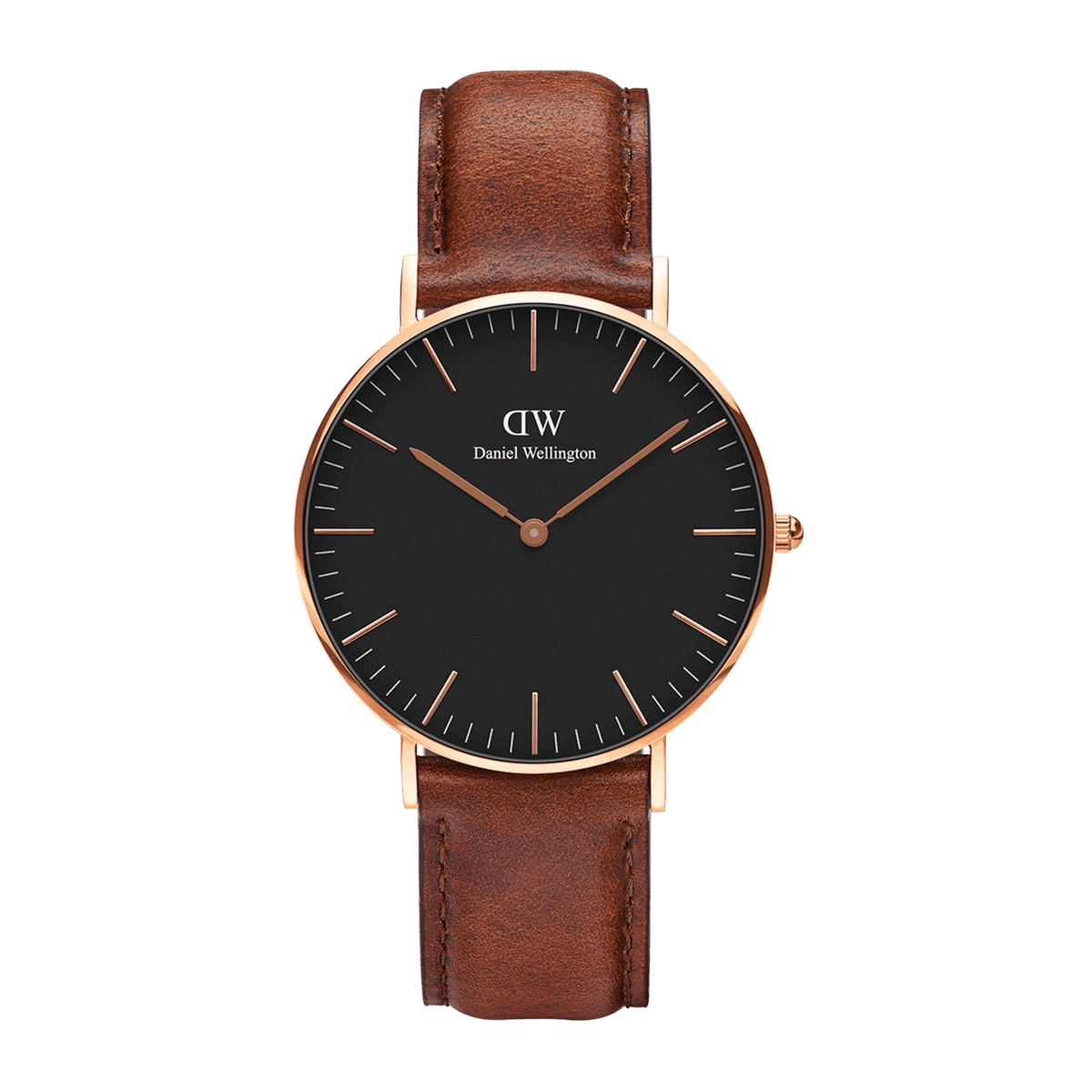 Daniel Wellington Classic St Mawes Black Rose Goldの正面画像です。ブラックの文字盤にローズゴールドのバーインデックスと針が映え、ダークブラウンのレザーストラップが上品で落ち着いた印象を演出しています。