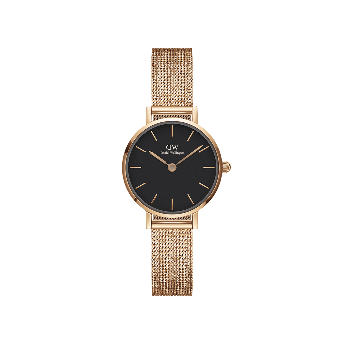 Daniel Wellington Petite Pressed Melrose 24mmの正面画像です。ブラックダイヤルにローズゴールドのバーインデックスが映え、プレス加工のローズゴールドメッシュストラップが上品な質感を引き立てる女性向け腕時計です。