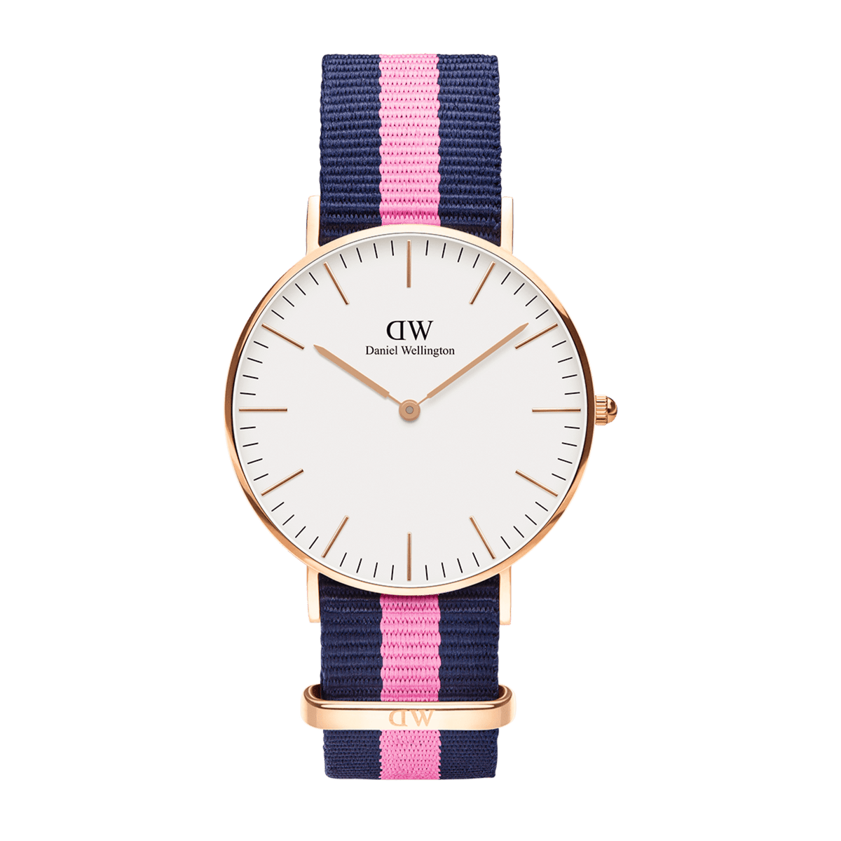 Daniel Wellington Classic Winchesterの正面画像。ネイビーにピンクのストライプが入ったNATOストラップと、オフホワイトの文字盤、ローズゴールドケースを組み合わせた36mmサイズの腕時計です。