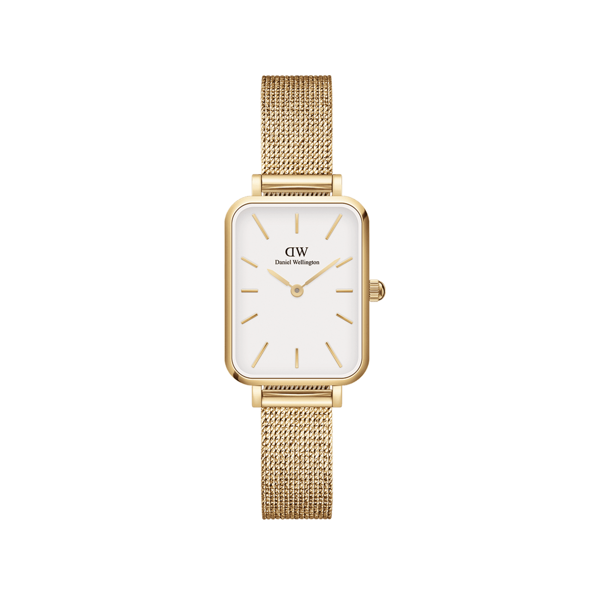 Daniel Wellington Quadro Pressed Evergoldの正面画像です。ゴールドのレクタンケースにオフホワイトの文字盤を配し、バーインデックスと針もゴールドで統一。細やかな編み目のゴールドメッシュストラップが付属しています。