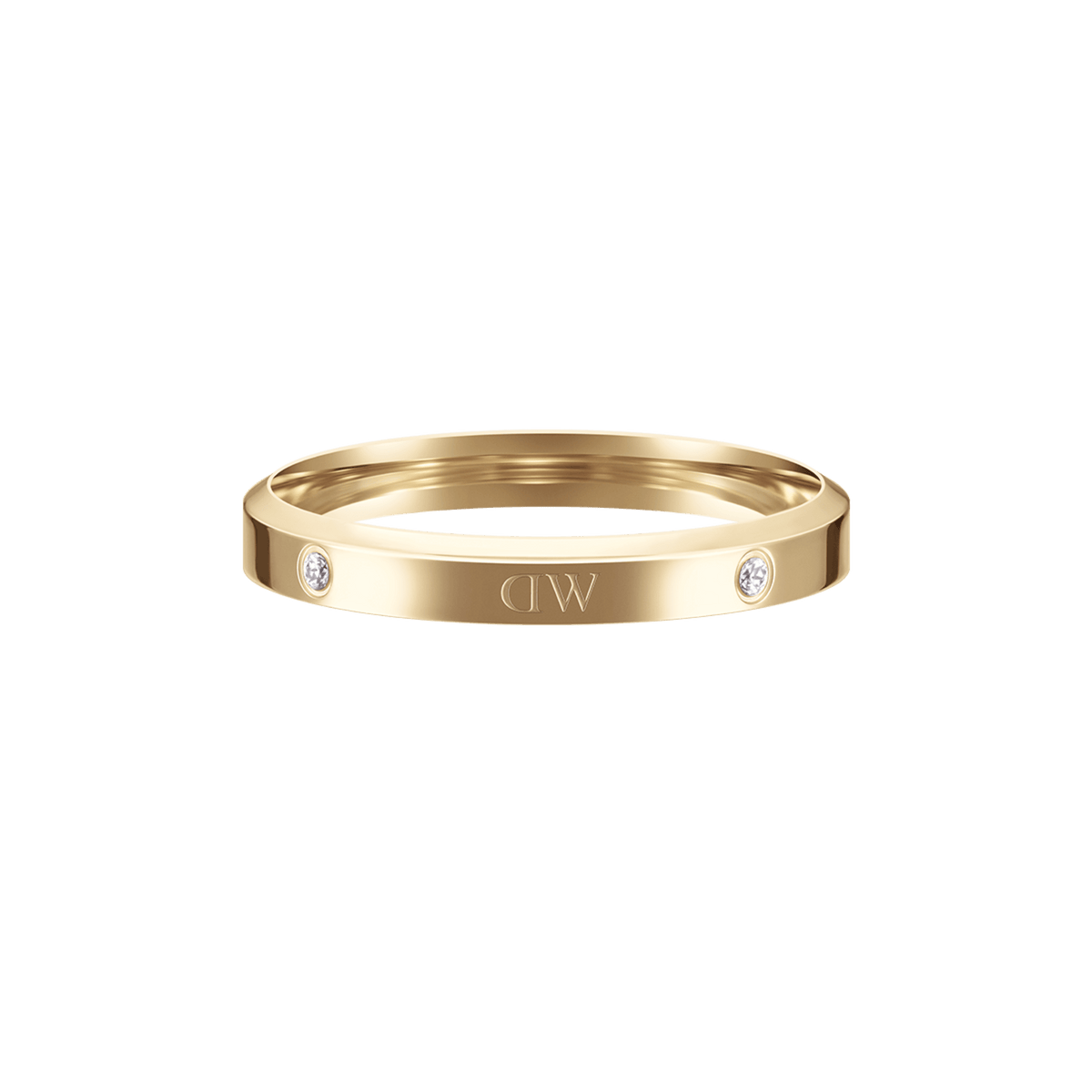 Classic Lumine Ring Goldを正面からやや斜めに捉えたプロダクト写真です。中央のロゴエッチングと、両サイドに埋め込まれたクリスタルが確認できます。