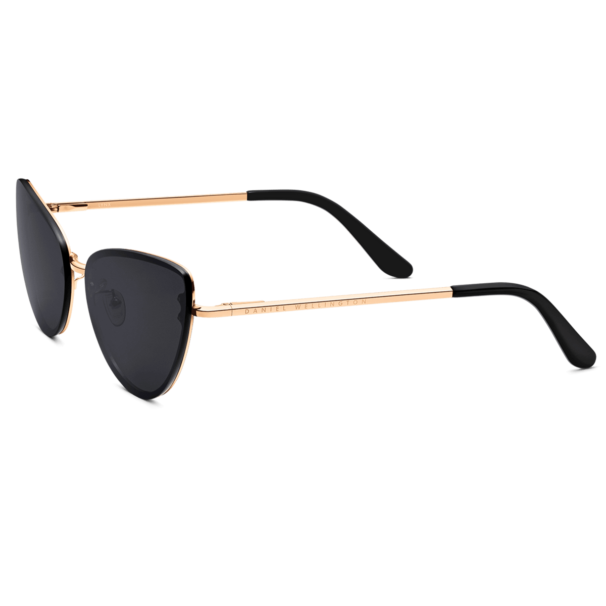 Lynx Steel Blackサングラスのサイドビュー。ローズゴールドのテンプル部分にはDaniel Wellingtonのブランドロゴが刻印され、ブラックの酢酸セルロース製テンプルチップが確認できるアングルです。