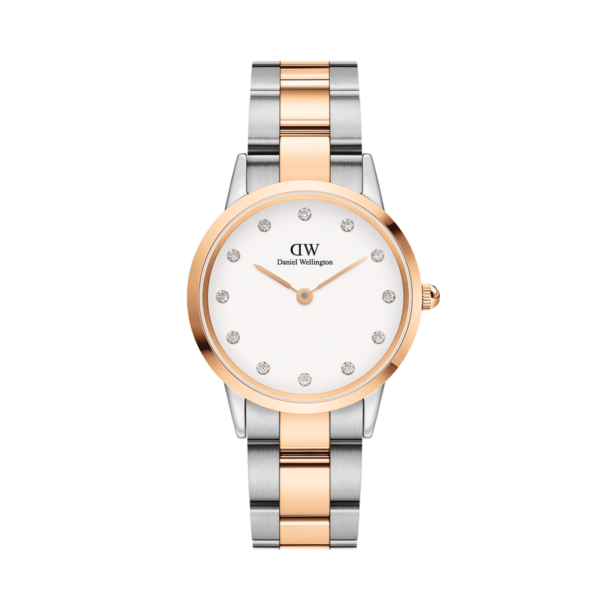 Daniel Wellington Iconic Link Lumine Rose Goldの正面画像。ローズゴールドのケースにエッグシェルホワイトの文字盤を配し、12個のクリスタルインデックスが上品に輝くレディース腕時計です。ローズゴールドとシルバーのツートーンブレスレットが、洗練された印象を演出します。