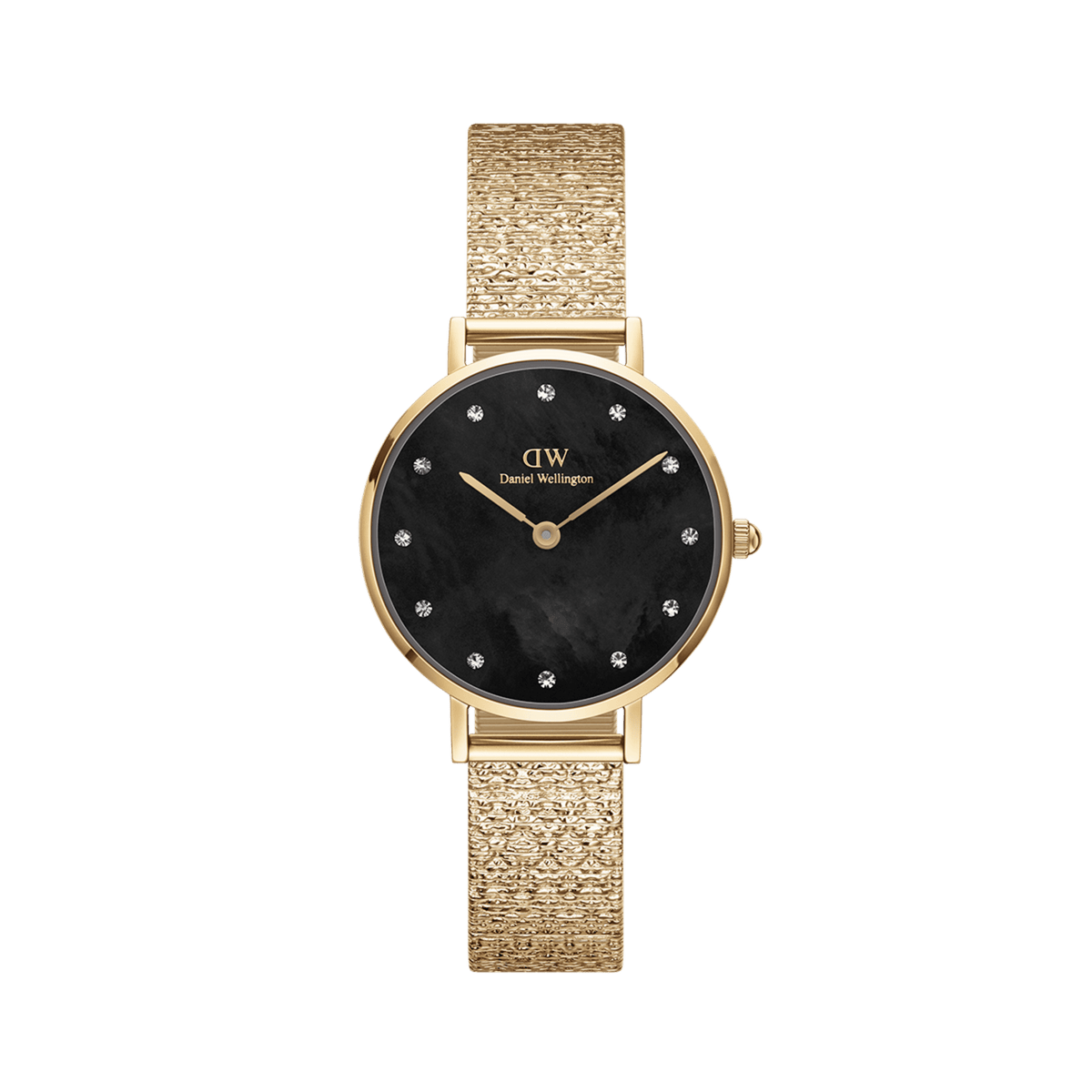 Daniel Wellington Petite Lumine Pressed Piano Black MoP Goldの正面画像です。ブラックマザーオブパールの文字盤に12個のクリスタルインデックスが輝き、ゴールドのケースと立体感のある凹凸模様のPianoメッシュストラップが上品に調和しています。