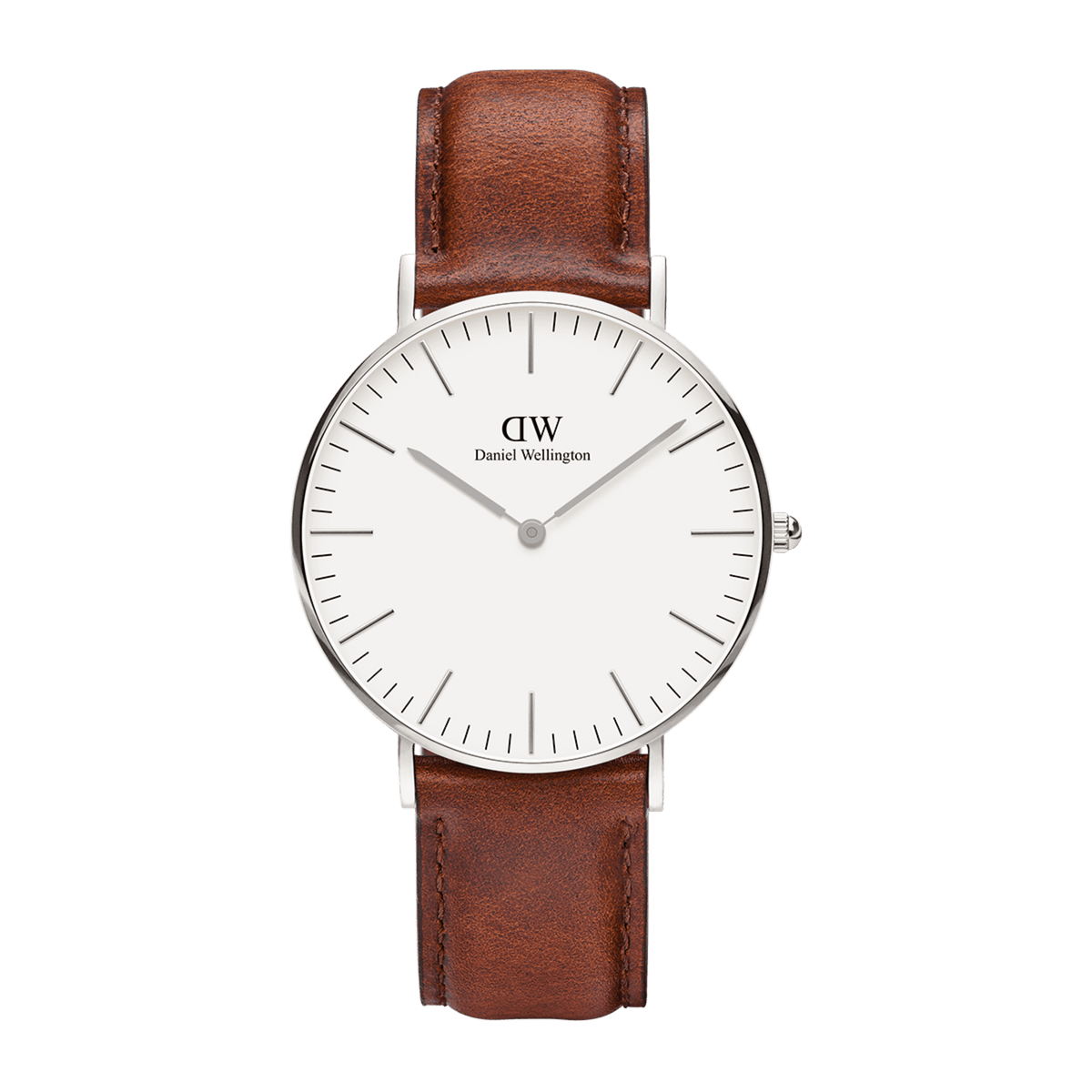 Classic St Mawesのシルバーモデルを正面から捉えた商品画像です。オフホワイトの文字盤に余白を生かしたデザイン、シルバーの細身のバーインデックスと針、そして深みのあるブラウンレザーストラップのバランスが際立つ一枚です。