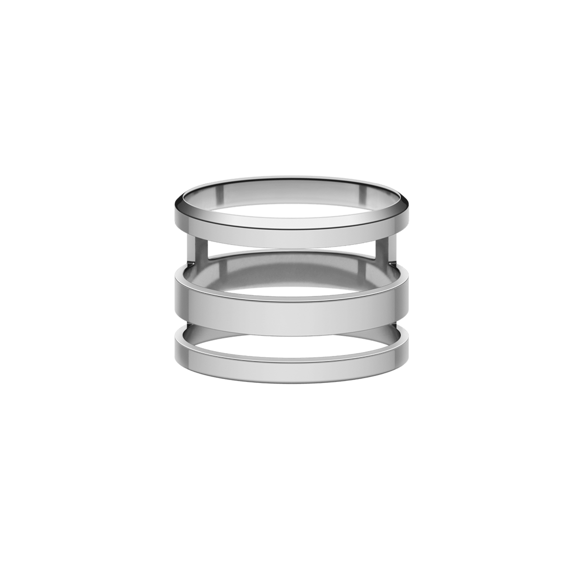 エラン Triad Ring シルバーを正面から捉えたアングル。中央の幅広なバンドと上下の細いバンドの間に空間を設け、立体感とリズムのあるデザインに仕上げています。
