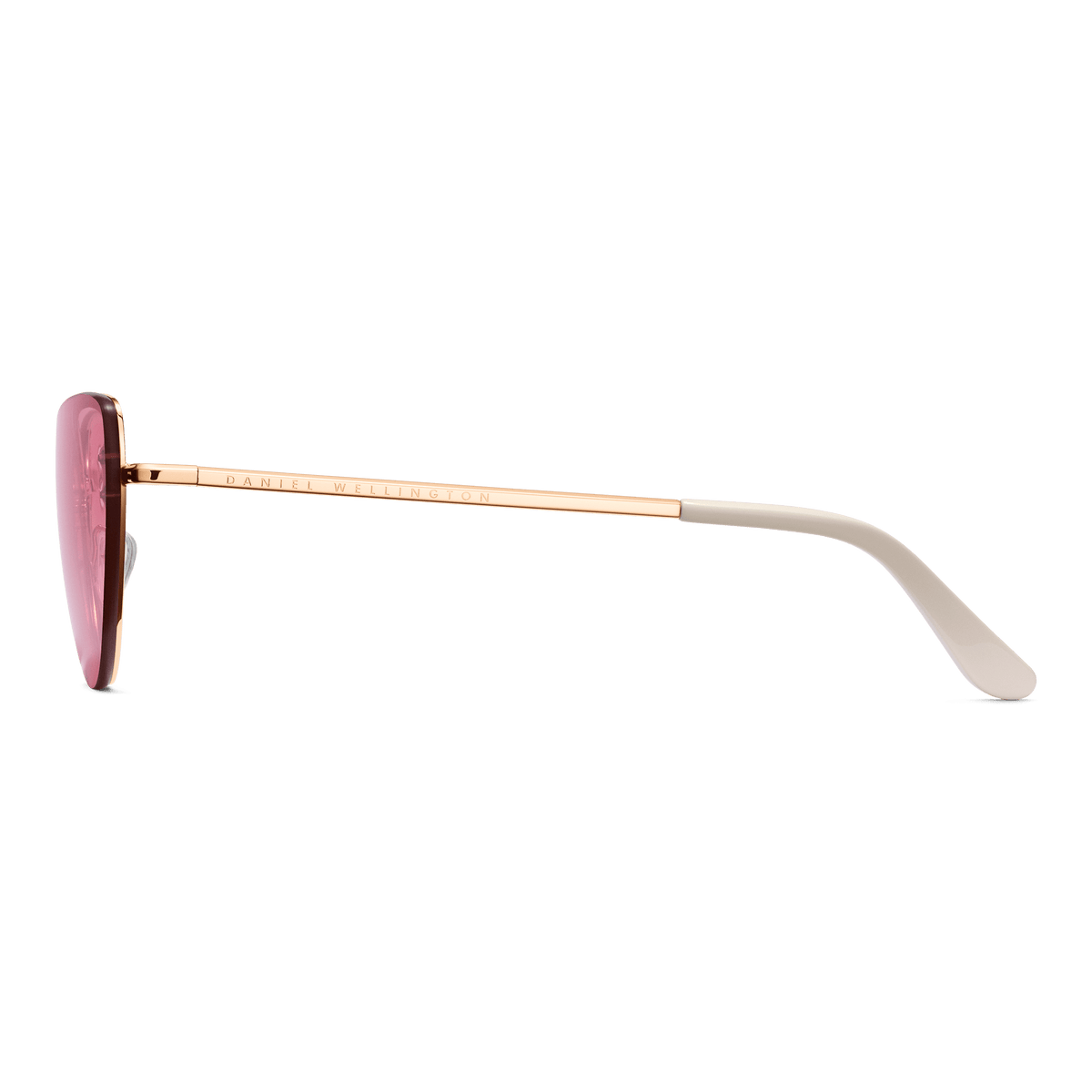 Lynx Steel Pink Gradient Rose Goldの側面画像です。ローズゴールドのテンプルにはDaniel Wellingtonのブランドロゴが刻印され、ベージュのアセテート製テンプルチップとピンクグラデーションのレンズの横顔が美しく映し出されています。