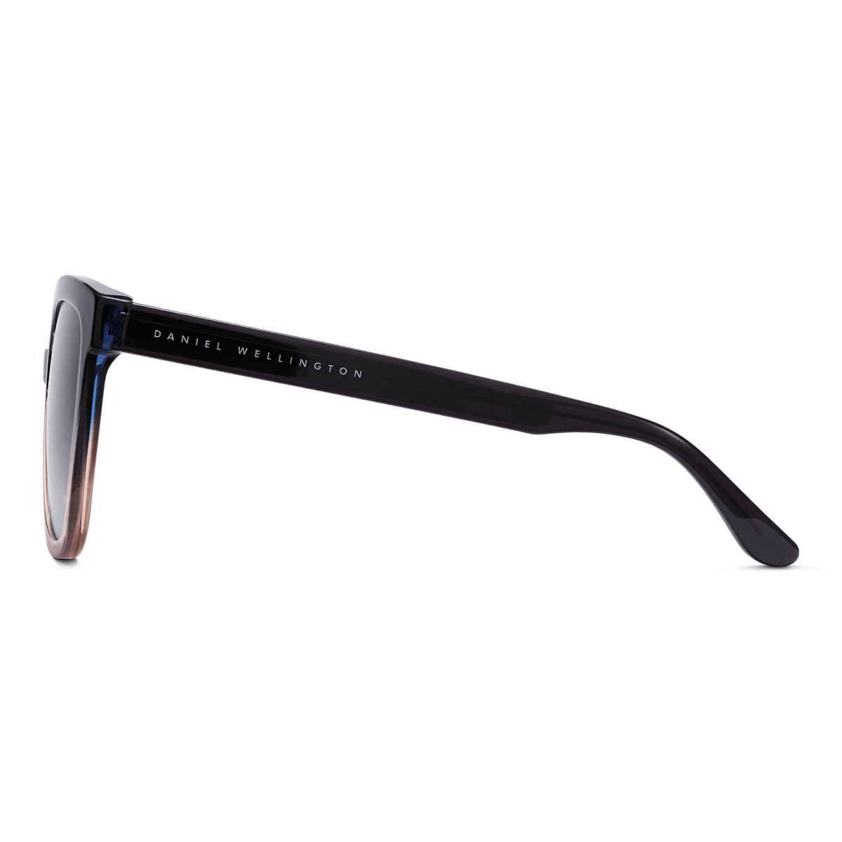 Grande Bio-Acetateサングラスのサイドビュー。テンプル部分にはDaniel Wellingtonのブランドロゴが白文字で刻印されており、ダークブルーからコーラルへとグラデーションするバイオアセテートフレームの質感と光沢が際立ちます。