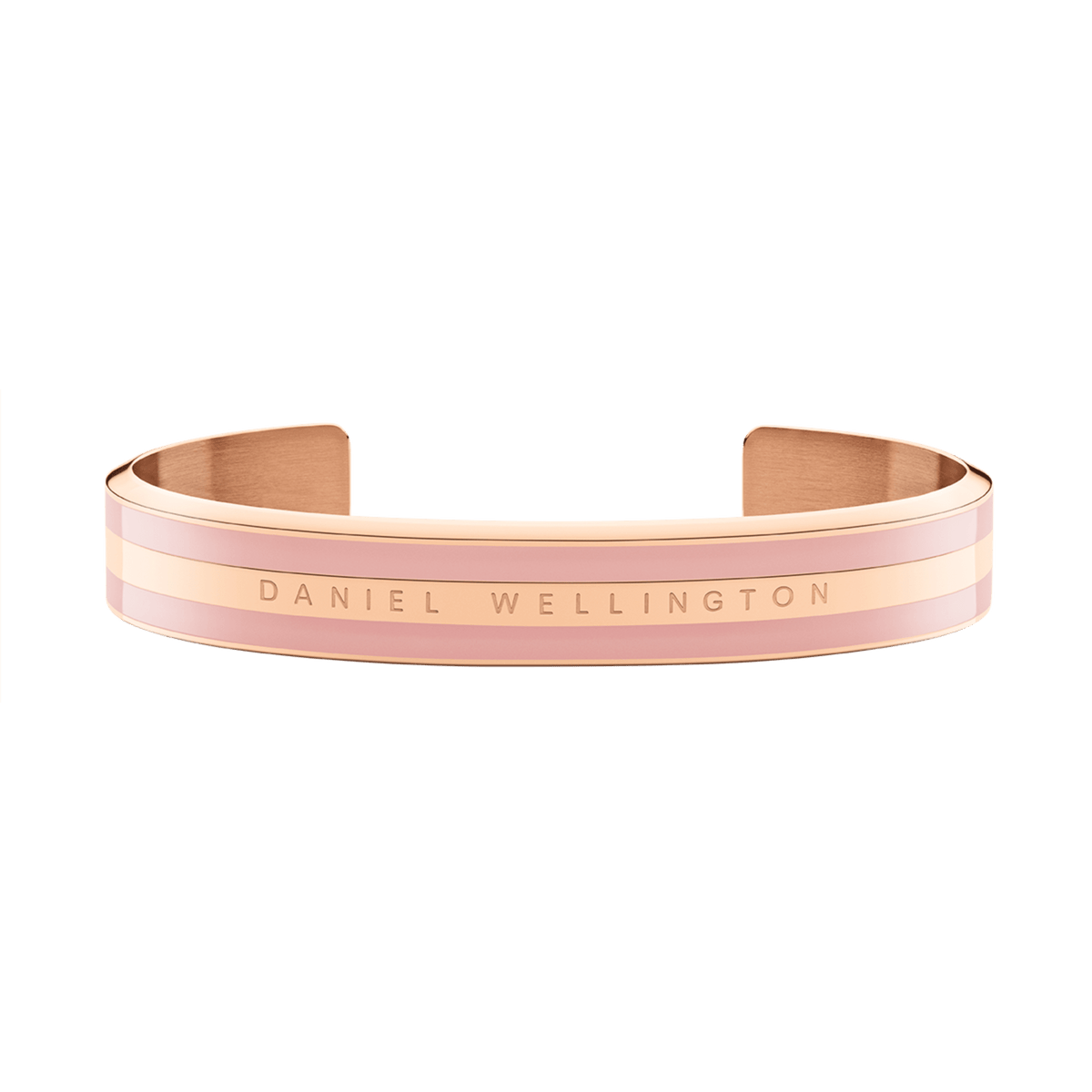 Daniel WellingtonのEmalie Bracelet、ダスティローズ×ローズゴールドカラーです。中央のローズゴールドバンドにはブランドロゴが刻印され、両側にマットなダスティローズのエナメルラインがあしらわれています。カフタイプのブレスレットです。