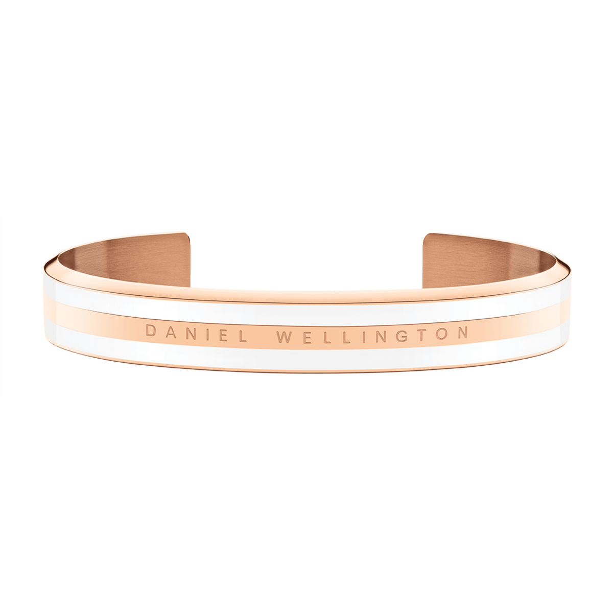 Daniel WellingtonのEmalie Braceletは、ローズゴールドのカフブレスレットです。中央にローズゴールドのバンドを挟み、サテンホワイトのエナメルが左右対称に配置された上品なストライプデザインが特徴です。