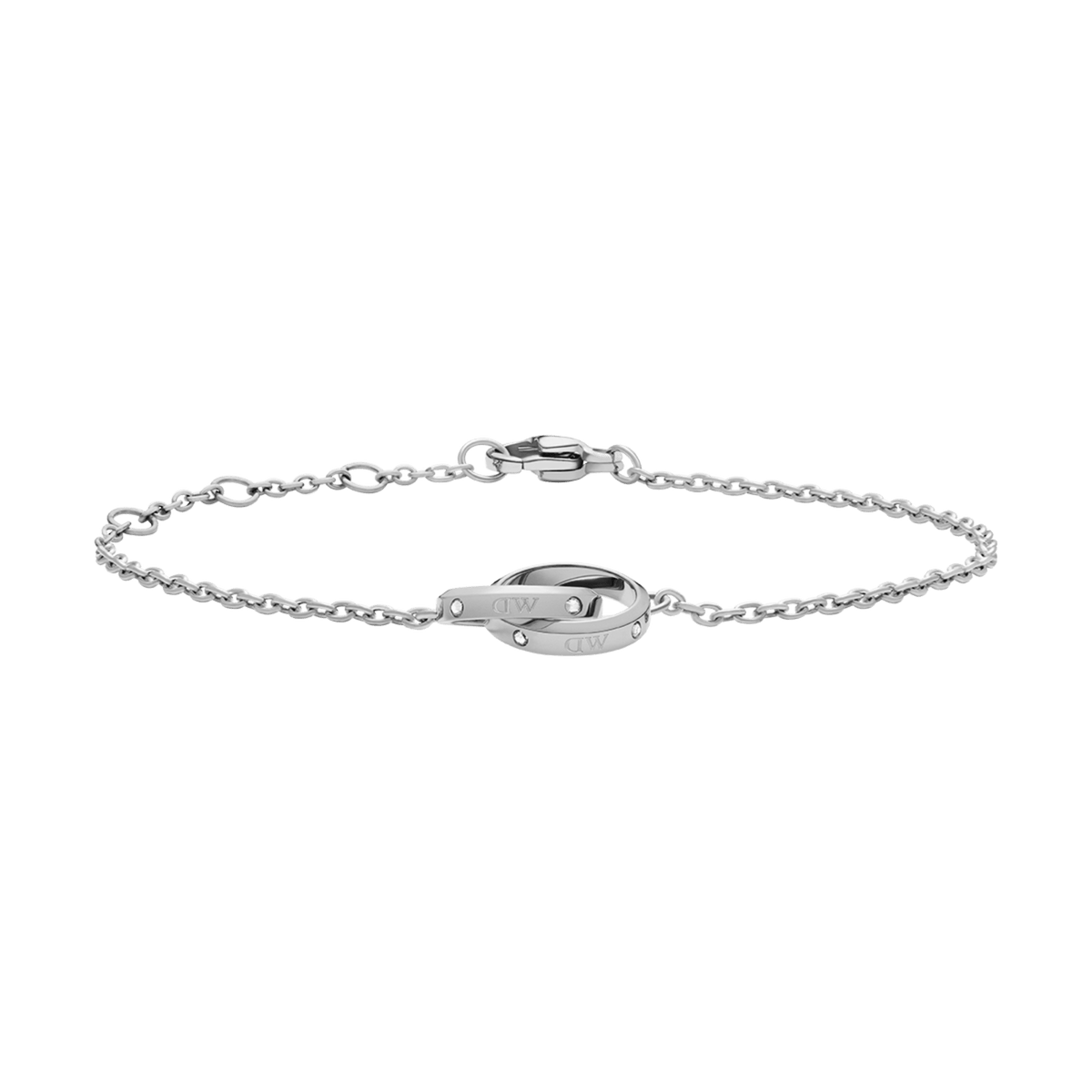 Daniel Wellington Classic Unity Lumine Silverのブレスレットです。シルバートーンの細めのチェーンの中央に、クリスタルとロゴが刻印された二つのインターロッキングリングを配したミニマルなデザインです。