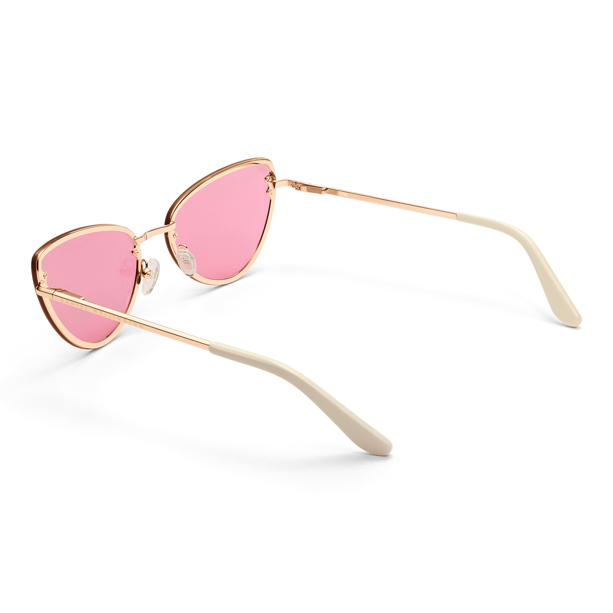 Lynx Steel Pink Gradient Rose Goldを背面から見たアングルです。透明なシリコン製の調節可能なノーズパッドや、フレーム内側の刻印、ベージュのアセテート製テンプルチップの形状がご確認いただけます。