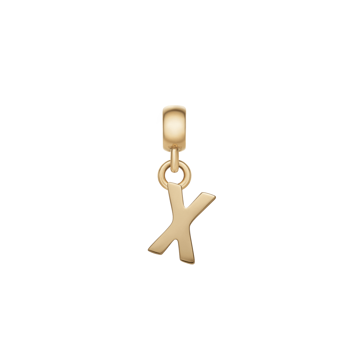 ゴールドのポリッシュ仕上げを施した「X」のアルファベットチャームです。中央で交差する2本のラインが、力強さと洗練さを兼ね備えた印象を演出します。上部のベイルにリングを通して、ネックレスやブレスレットに取り付けられます。