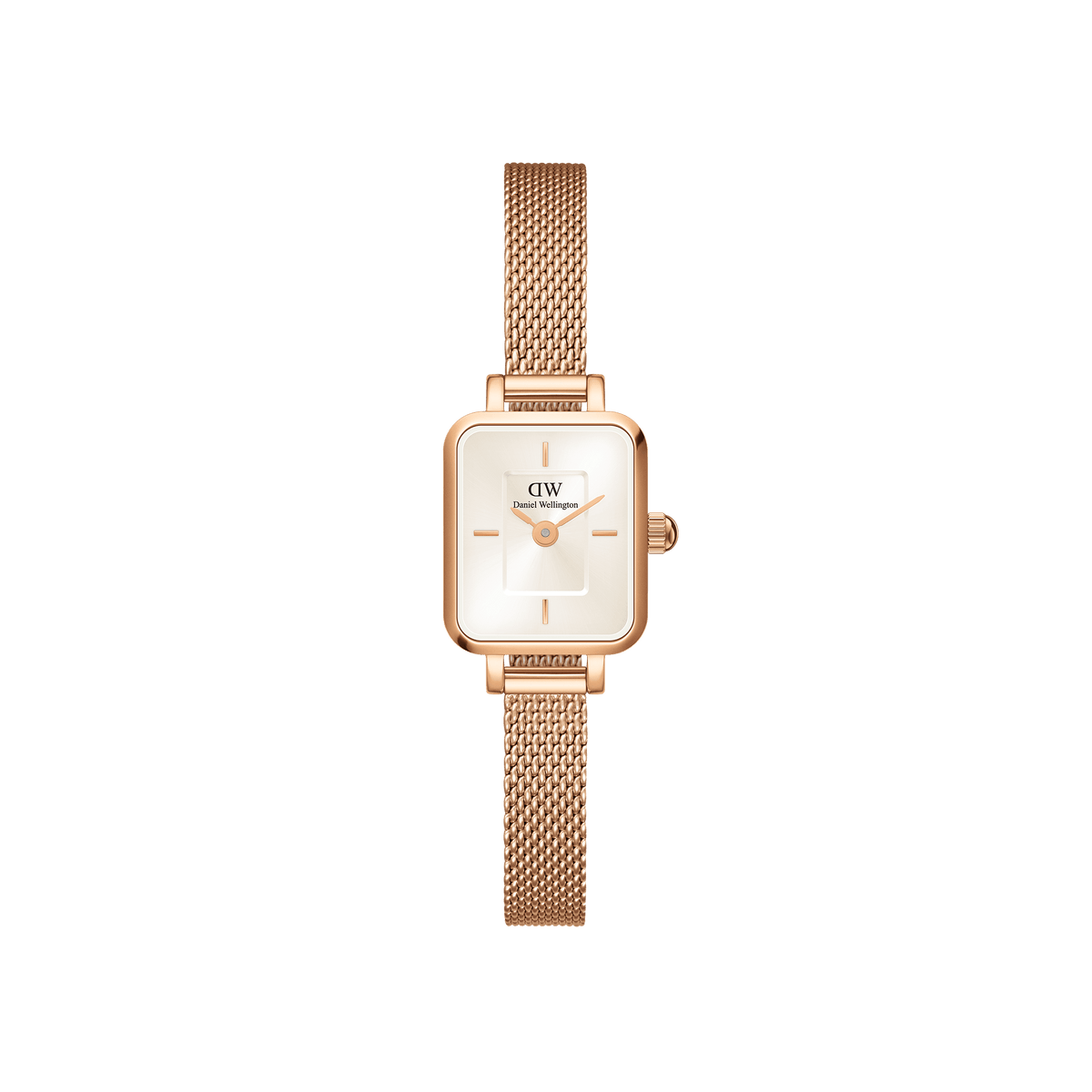 Daniel Wellington Quadro Mini Melroseの正面画像。ローズゴールドのスクエアケースにシャンパンカラーのサンレイ文字盤、ローズゴールドのメッシュストラップを合わせた、女性向けのミニサイズ腕時計です。
