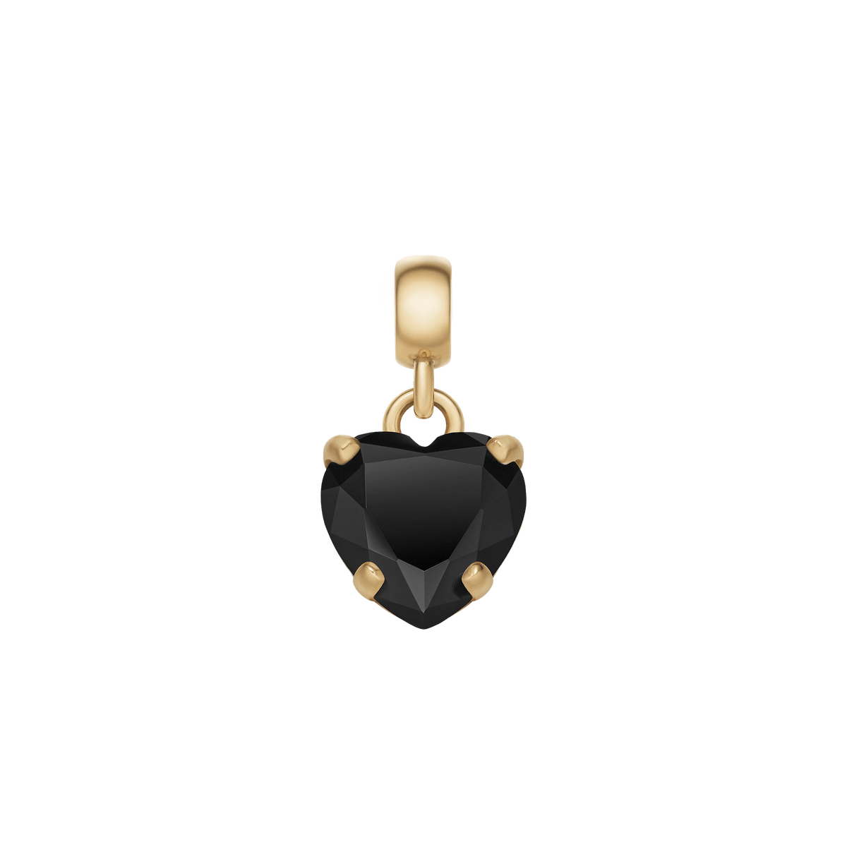 Daniel Wellington Heart Black Crystal Charm Gは、多面カットのブラッククリスタルを5本のゴールド爪で留めたハート型チャームをアップで捉えた画像です。