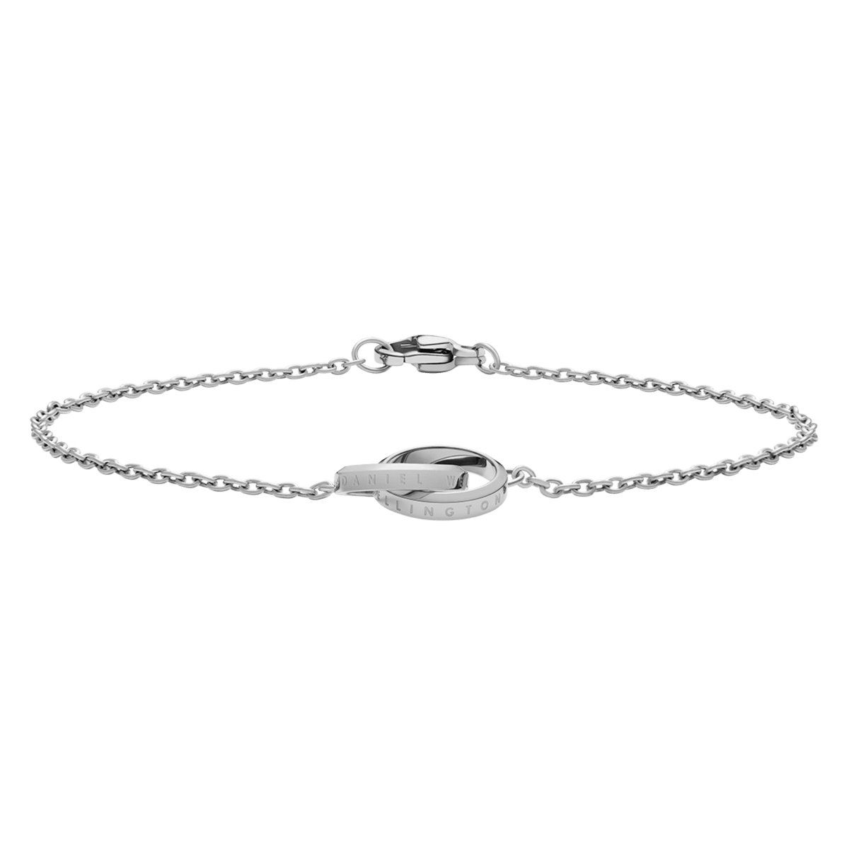 Elan Unity Braceletシルバーを正面から撮影した画像です。中央にはロゴ刻印の入ったインターロッキングリングが配置され、両側から伸びる細身のケーブルチェーンが輪を描いています。