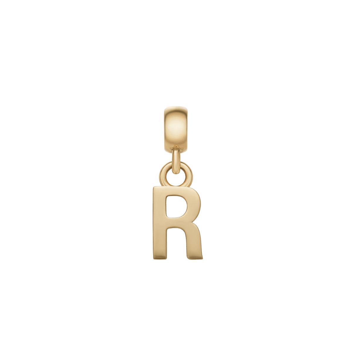Daniel WellingtonのLetter Charm Goldは、アルファベットの「R」をモチーフにしたデザインです。直線と曲線が織りなすフォルムが印象的で、磨き上げられたゴールドの輝きが白い背景に映えます。
