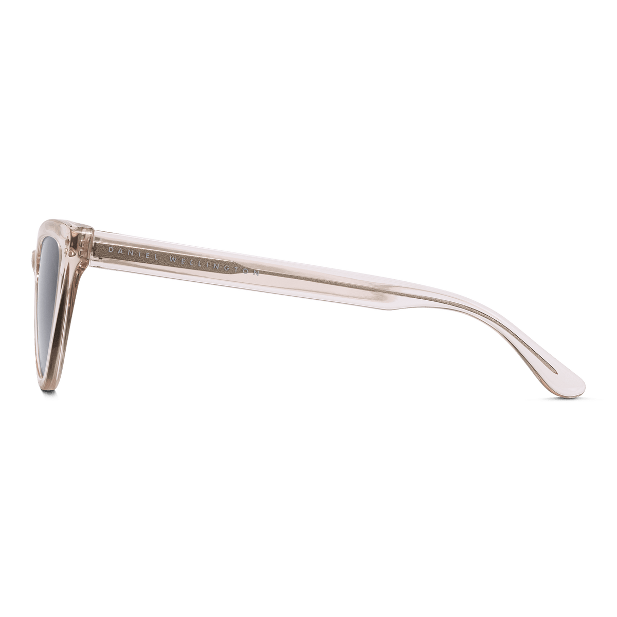 Lynx Bio-Acetate Clear Pinkのサイドビューです。クリアピンクのテンプル部分にはDaniel Wellingtonのブランドロゴが刻印されており、フレームの透明感と滑らかなカーブラインが際立っています。