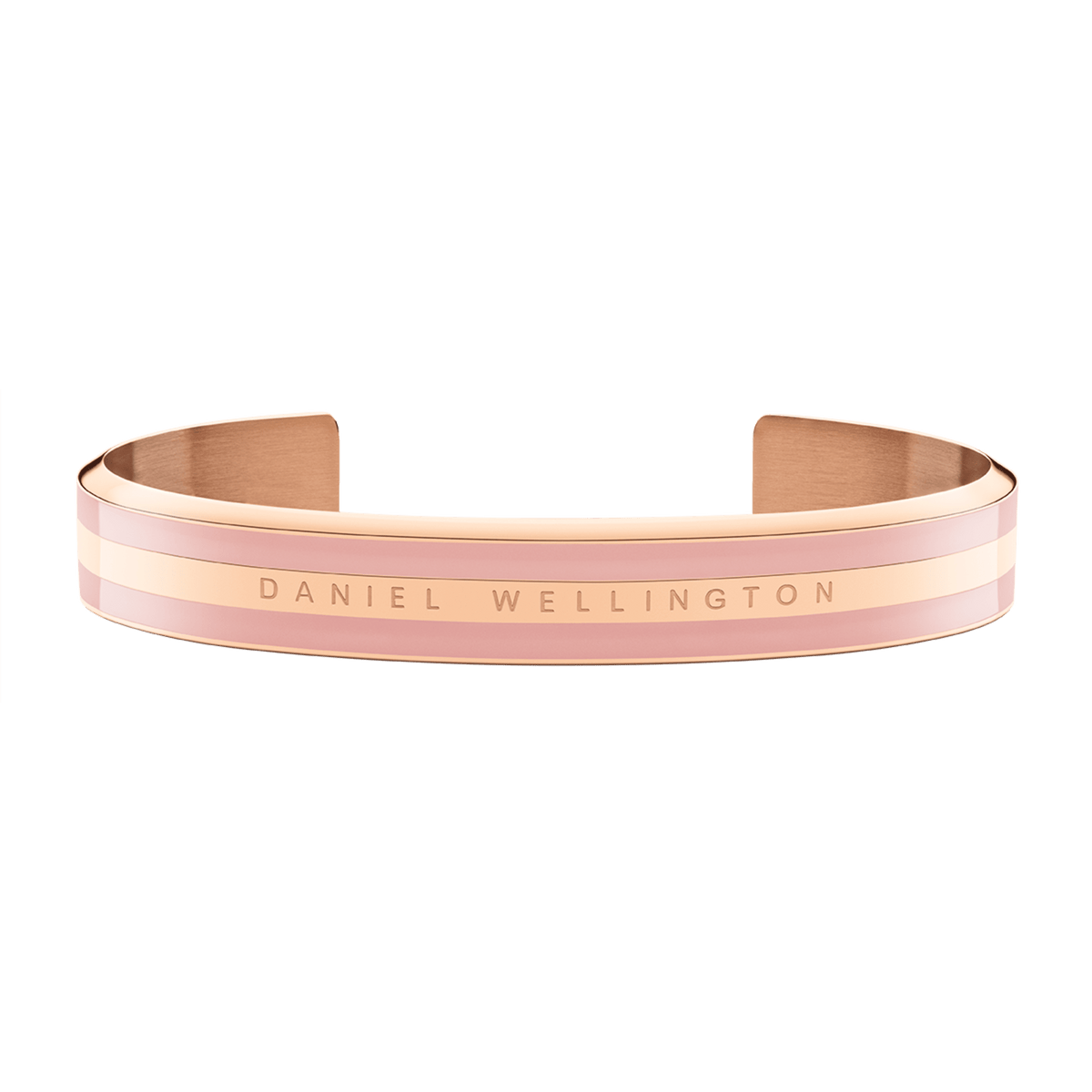 Emalie Bracelet Dusty Rose Rose Goldを正面から撮影した全体の画像です。開口部のあるカフデザインで、ダスティローズのエナメル2本に挟まれたローズゴールドの中央バンドが、均整のとれたストライプ模様を描いています。内側にはブラッシュ仕上げのステンレススチールが見えます。