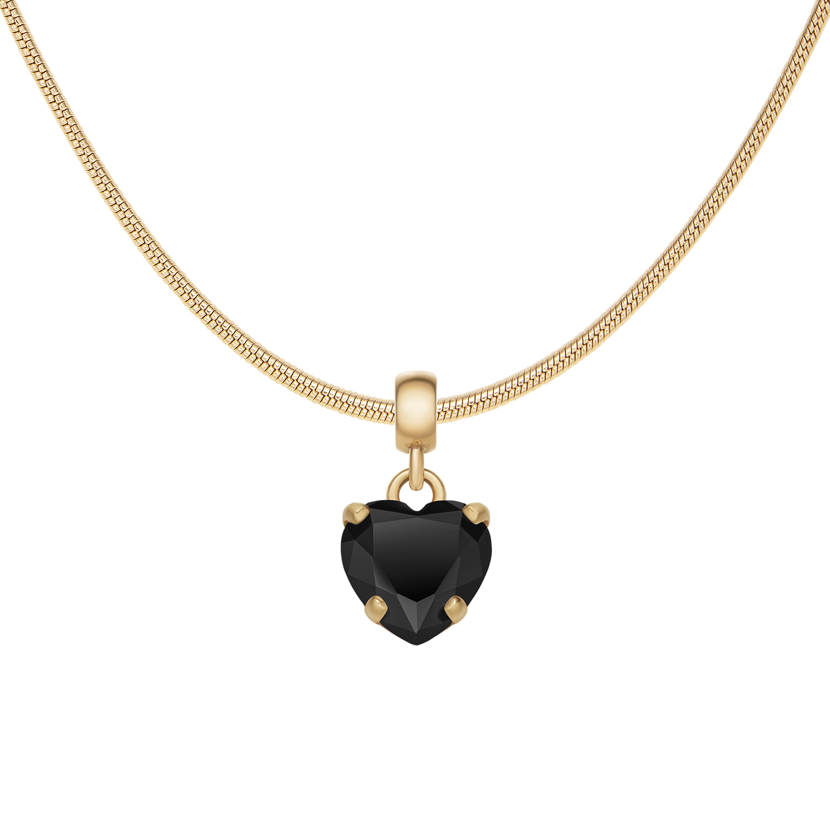 ゴールドのスネークチェーンに通したDaniel Wellington Heart Black Crystal Charm Gの全体像です。ハート型のブラッククリスタルがチェーンから優雅に垂れ下がり、ゴールドの爪留めとのコントラストが美しいデザインとなっています。