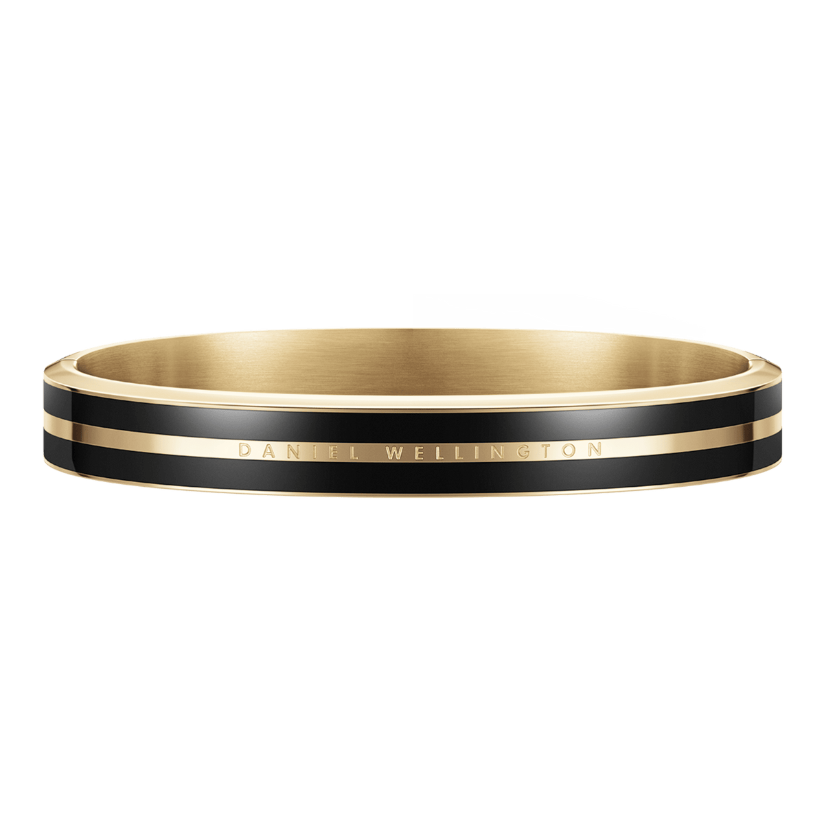 Emalie Infinite Gold Blackブレスレットを斜め上から捉えたアングルです。内側のブラッシュ仕上げゴールドの質感と、外側のブラックエナメルに走るポリッシュゴールドのラインが織りなすコントラストが際立ちます。