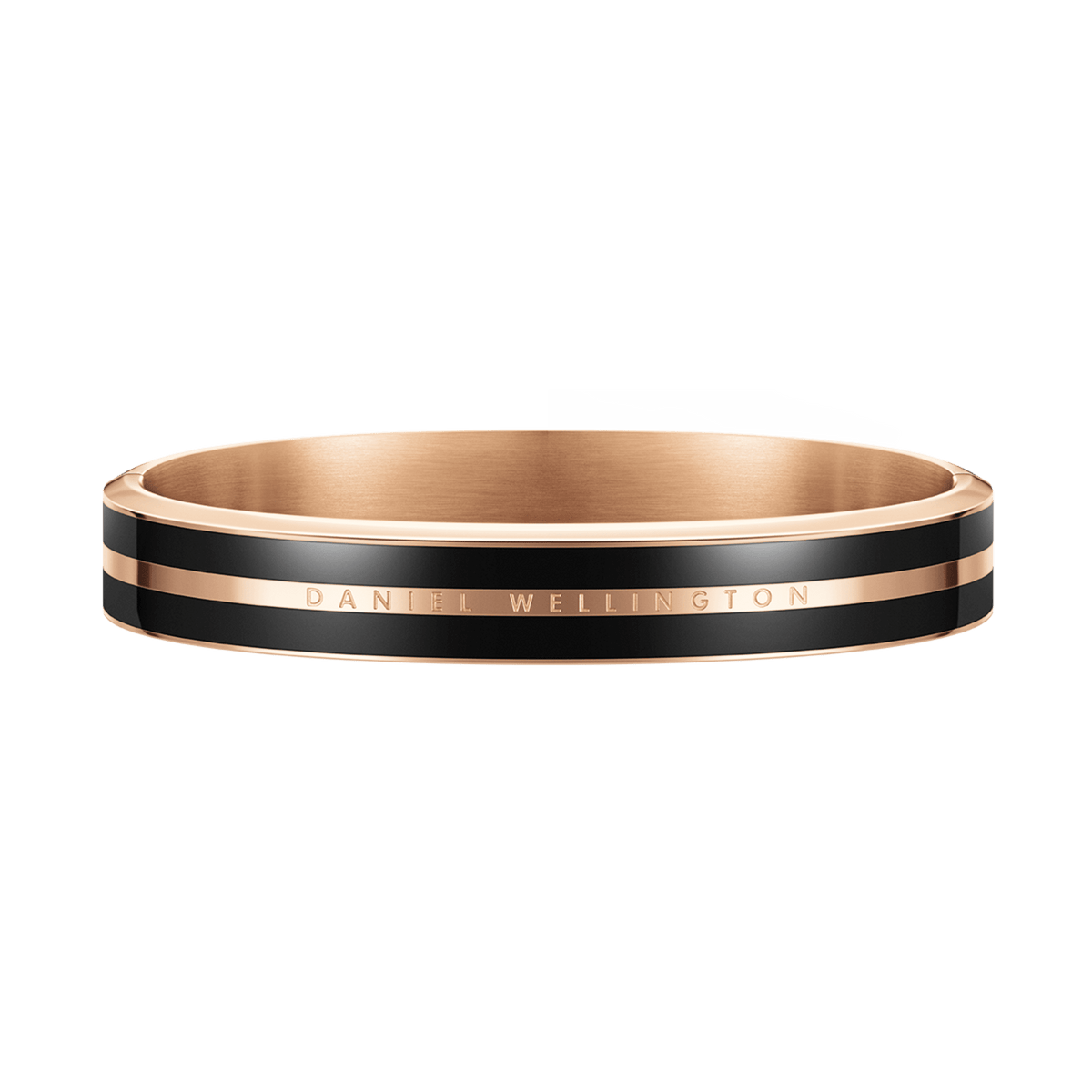 Emalie Infinite Rose Gold Blackバングルを斜め上から撮影した画像です。ブラックエナメルのストライプとローズゴールドの対照的なコントラスト、ヒンジが閉じたシームレスなフォルム、内側のサテン仕上げがご覧いただけます。
