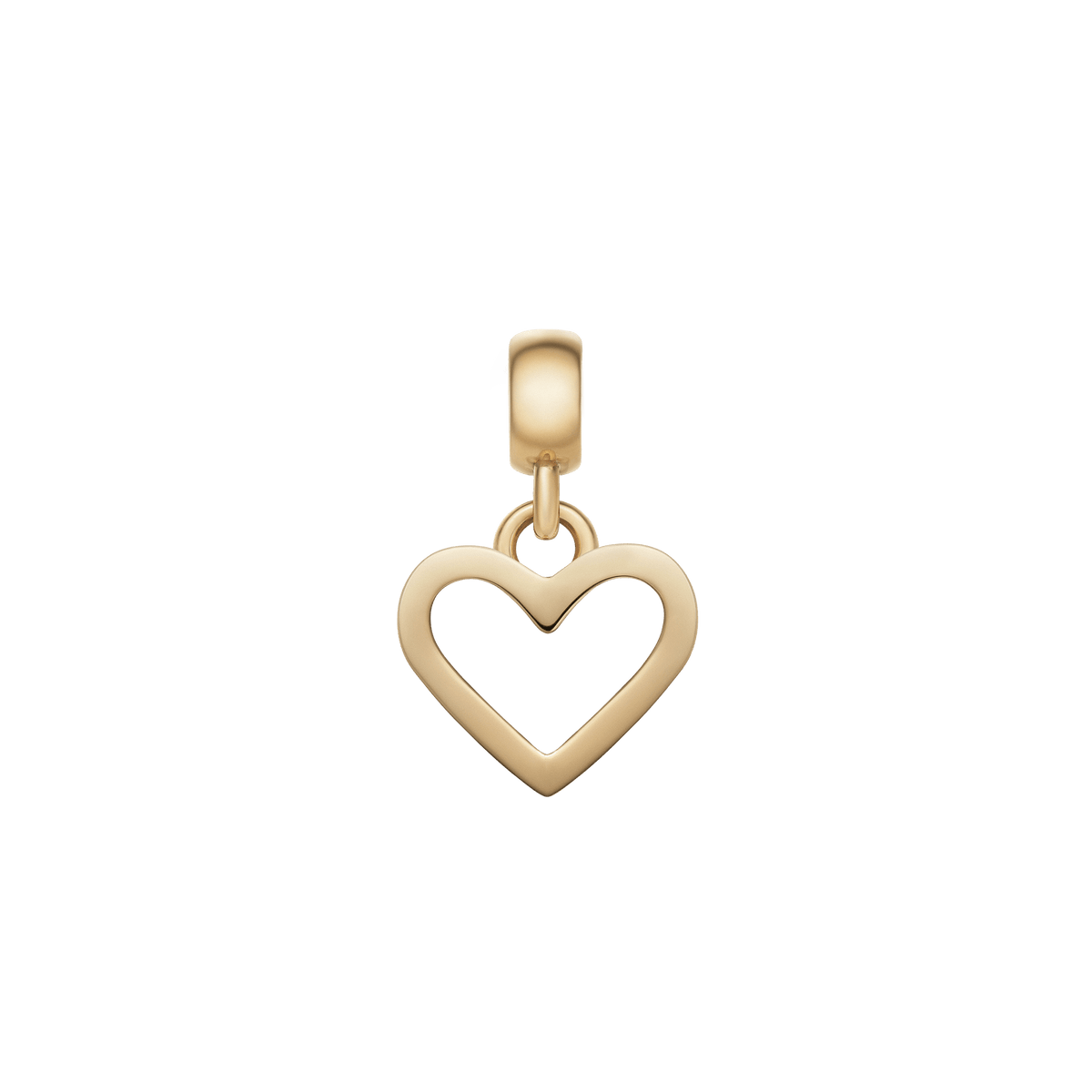 Daniel WellingtonのHeart Contour Charm Gは、ポリッシュ仕上げのゴールドカラーで、中央がくり抜かれたオープンハートデザインのチャームです。白背景で撮影した商品写真。