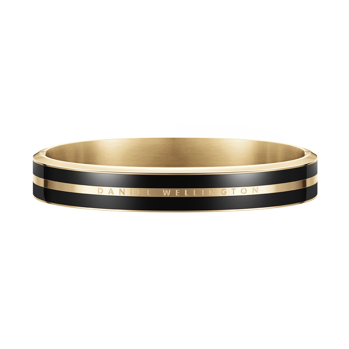 Emalie Infinite Gold Blackブレスレットを正面から捉えた画像です。ブラックエナメルの二本のラインと、ゴールドの中央バンドに刻まれたDaniel Wellingtonのロゴが際立つ、閉じた状態のバングルです。