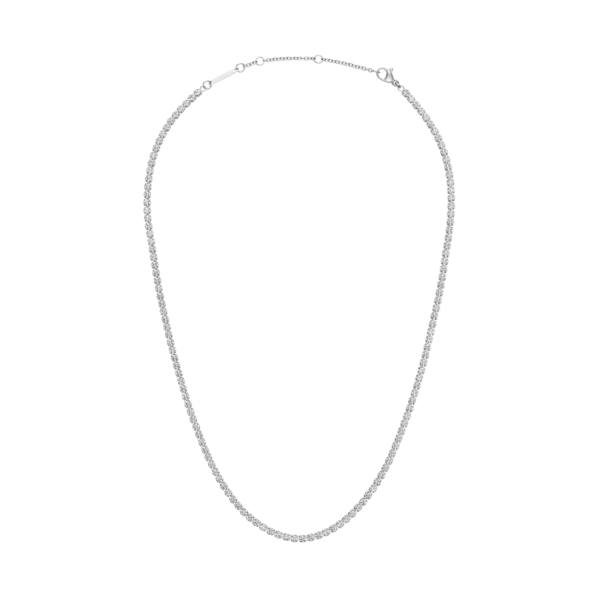 ダニエルウェリントン Classic Tennis Necklaceのシルバー全体像です。一粒ずつ爪留めされたクリスタルが連なるテニスチェーンに加え、長さ調節用のサイジングリングやロブスタークラスプも確認できます。