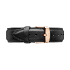 ダニエルウェリントン シェフィールド ストラップ ローズゴールド XL。滑らかなブラックレザーにローズゴールドのピンバックルを組み合わせた交換用ストラップです。白背景で撮影した商品画像。